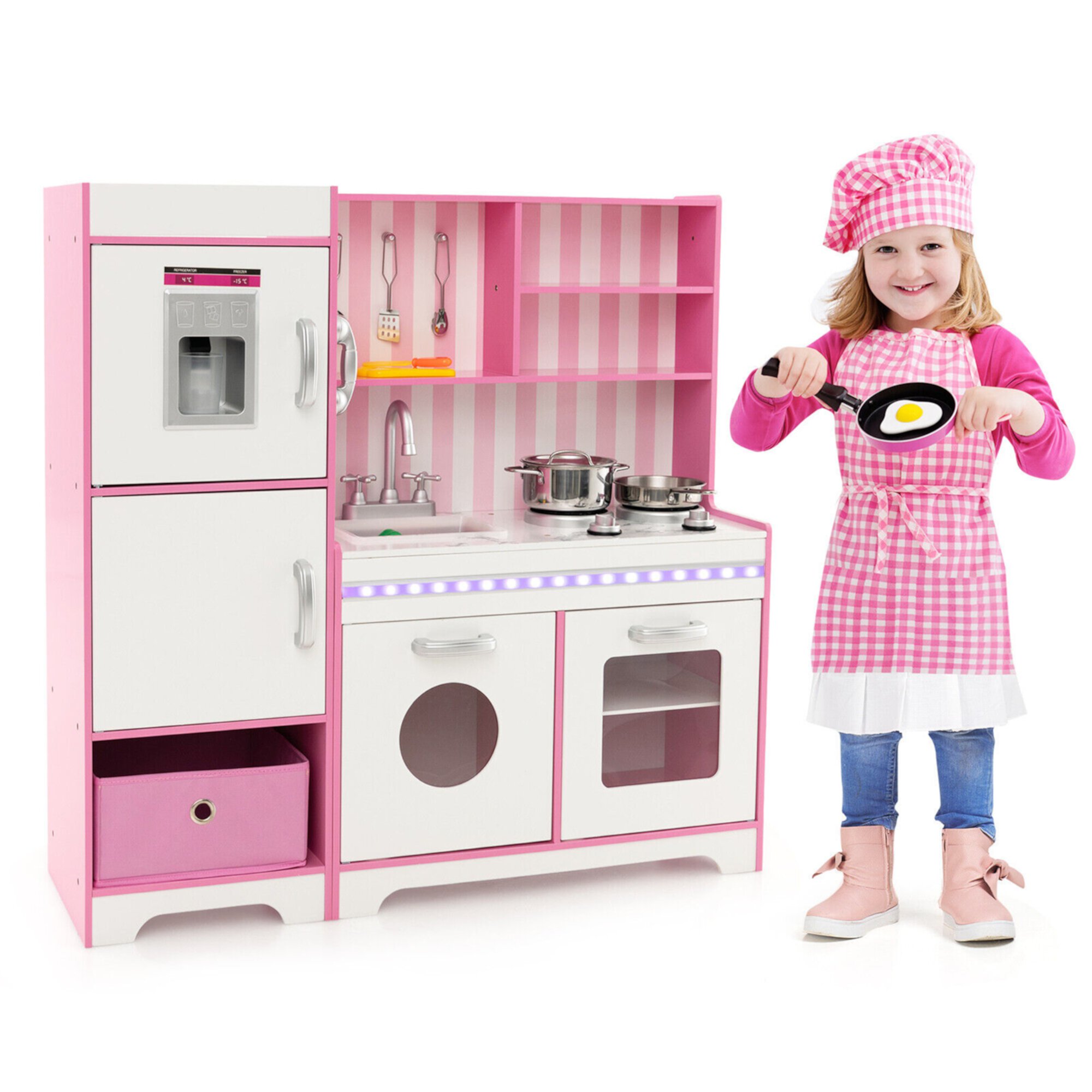 Gymax Kids Kitchen Playset Wooden Toy with Adjustable LED Lights & Washing Machine GYMAX