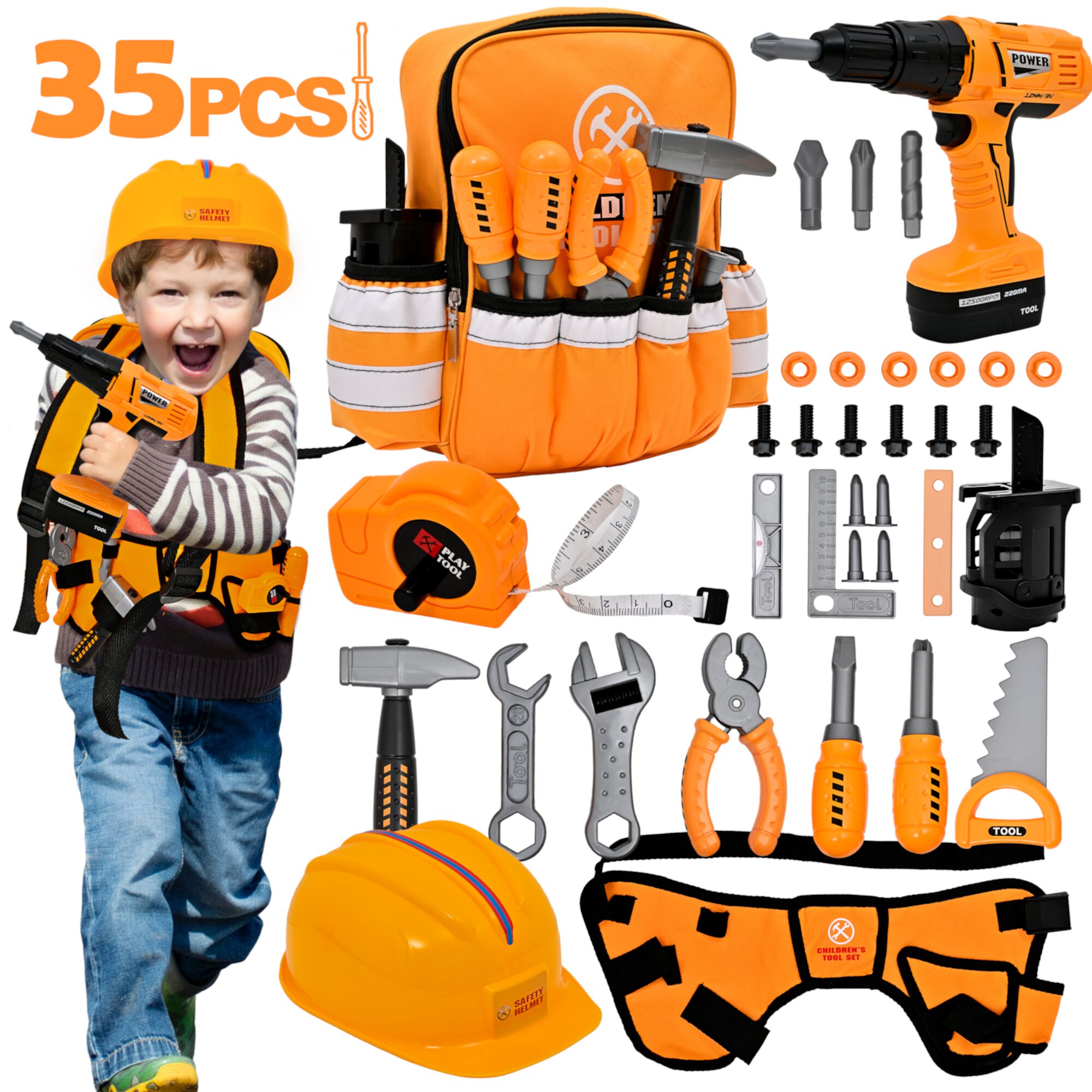 FANL 35PCS Kids Tool Set - Pretend Play Kids Tool Toys with Construction Backpack Costume & Electronic Toy Drill for Boy Girl Halloween Birthday Dress Up Party Topfox