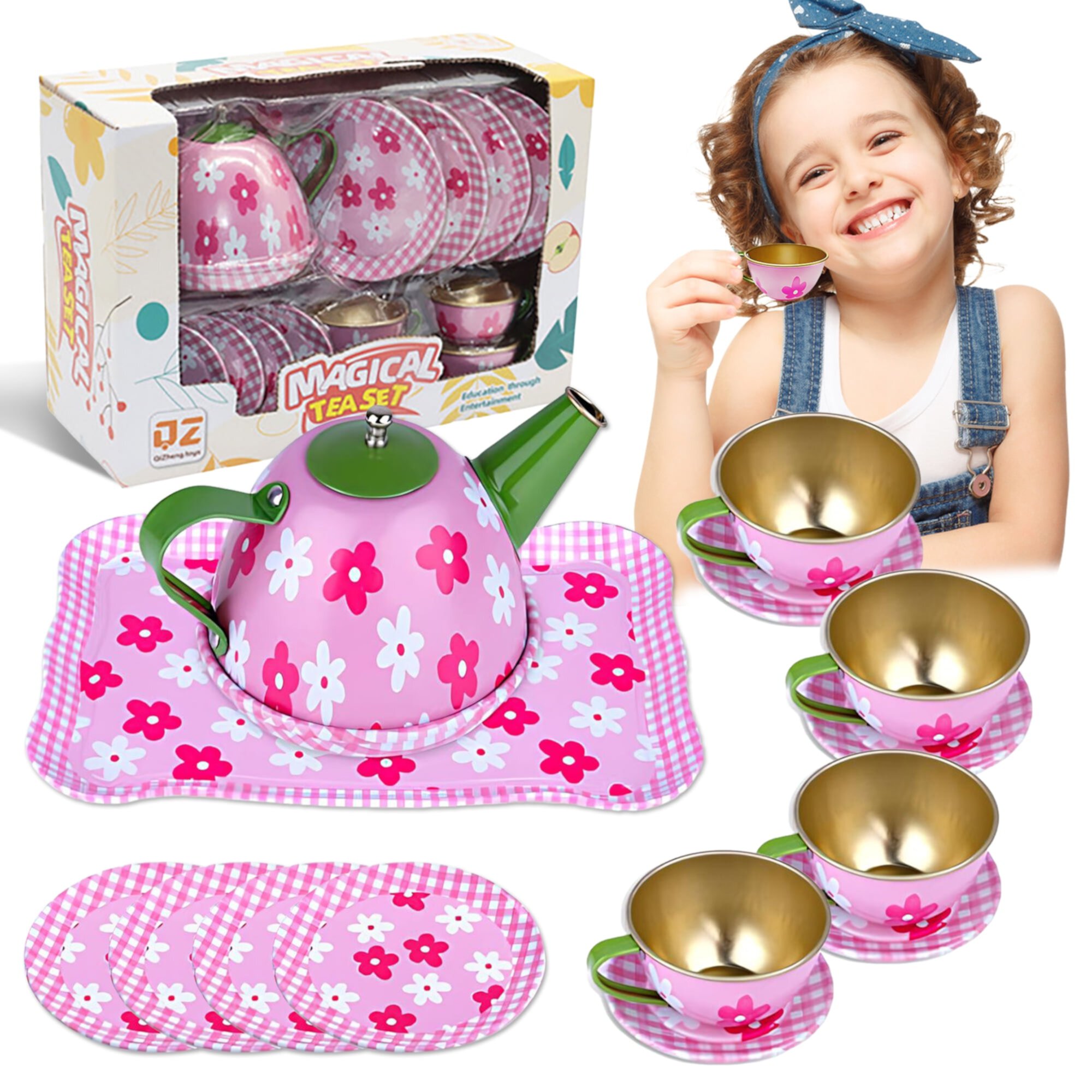 RICHYOUNG Tea Party Set for Kids, Princess Role Play Tea Set Kitchen Toy for Girls Boys Age 3+, Flower Pink RICHYOUNG