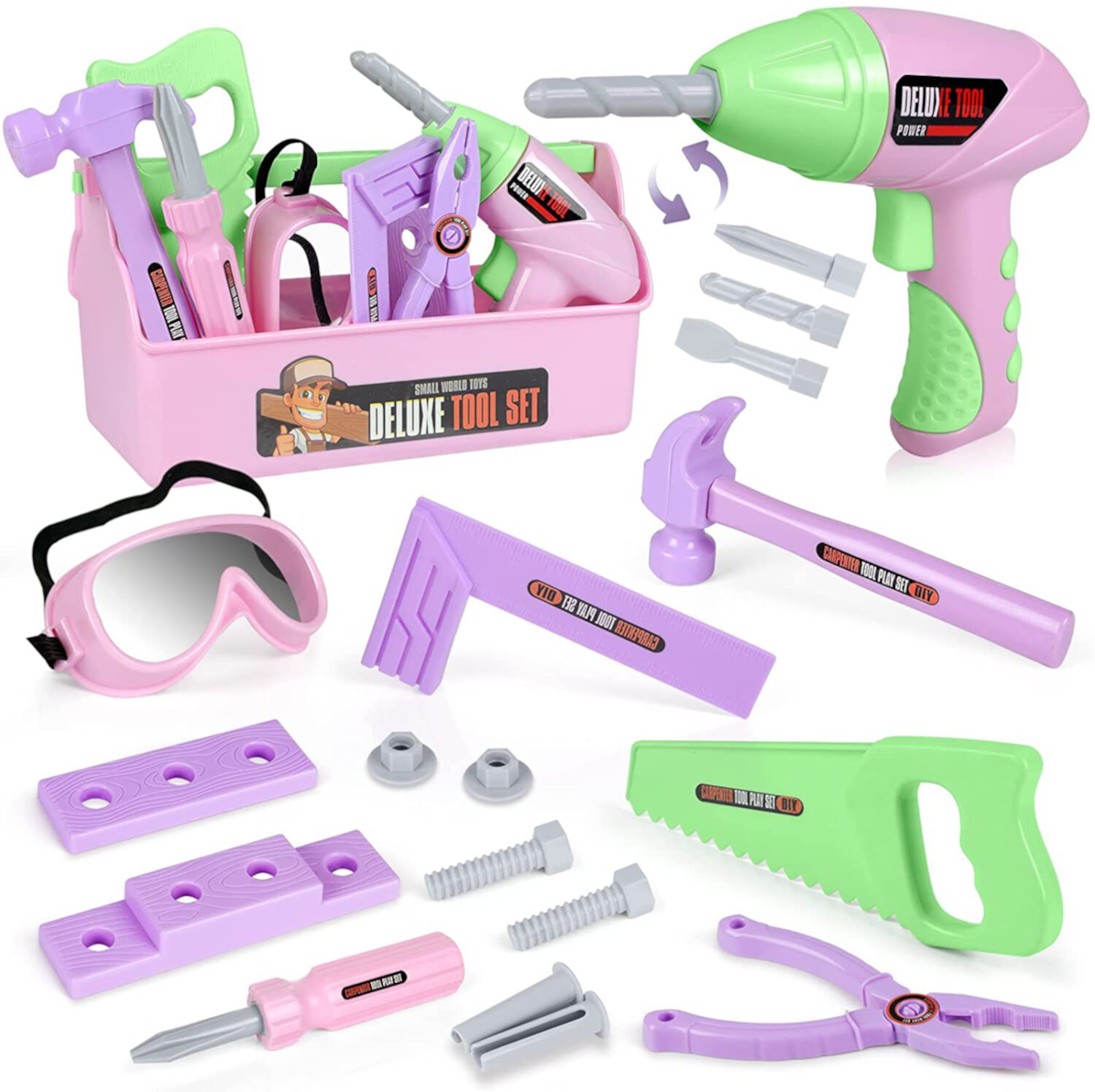 Kids Tool Set with Toy Drill and Tool Box, Pretend Play Toy Gifts for Toddlers Girls Kids Aged 3+ (Pink) EXERCISE N PLAY