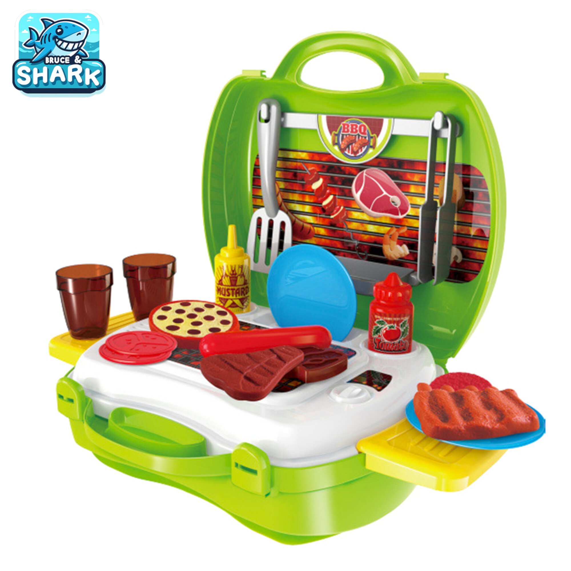 Play Food Grill with Pretend Smoke Sound Light Kitchen Playset BBQ Accessories Camping Cooking Set Barbecue Toddler Girl Boy Toy 2 3 4 5 6 Year Old 4-8 Birthday Kid Easter Basket Toy Gift Idea Bruce & Shark