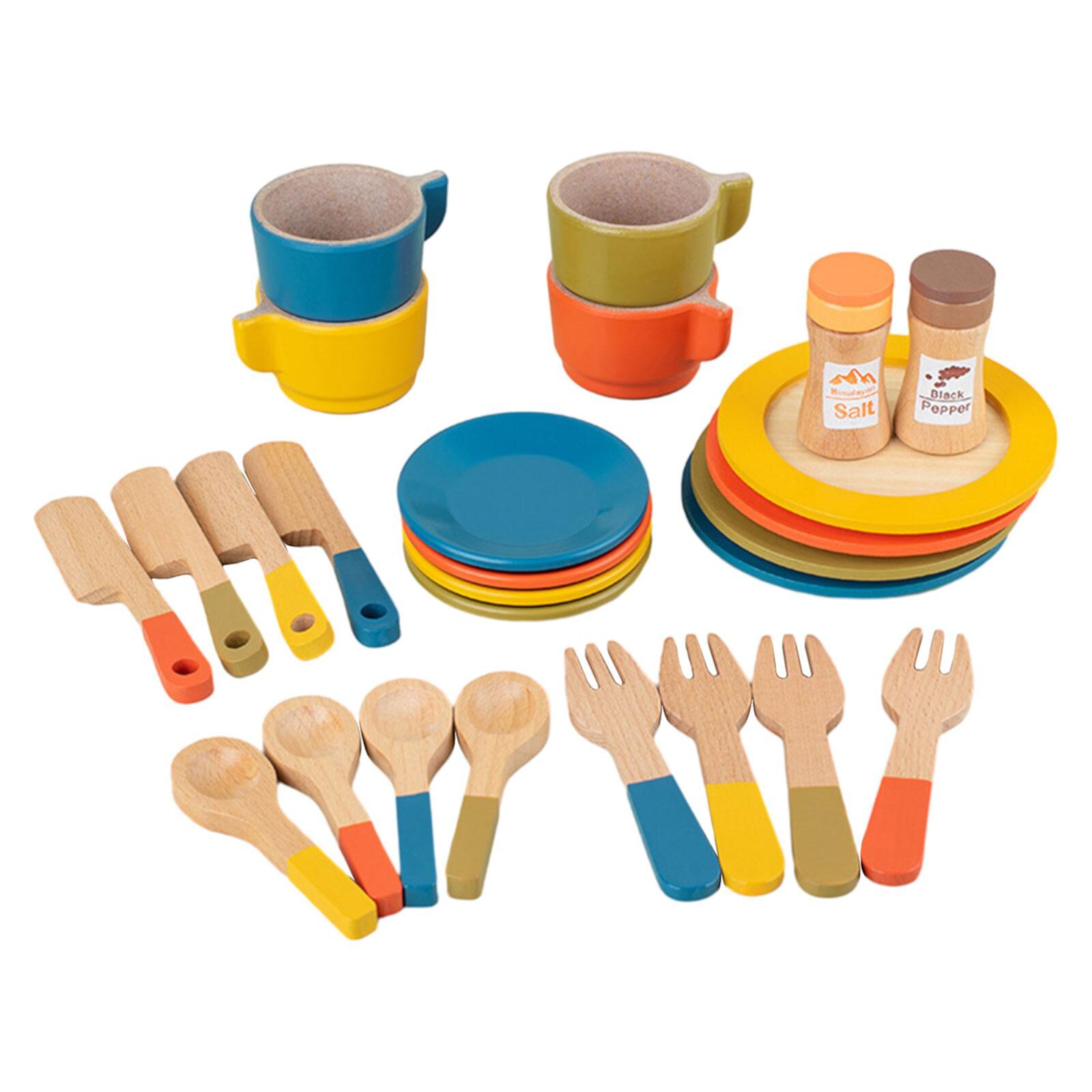 STARTIST Wooden Toy Plates Dishes Montessori Role Play Forks Cups Spoons Simulation Play Dishes for Kids Pretend set for Kids STARTIST