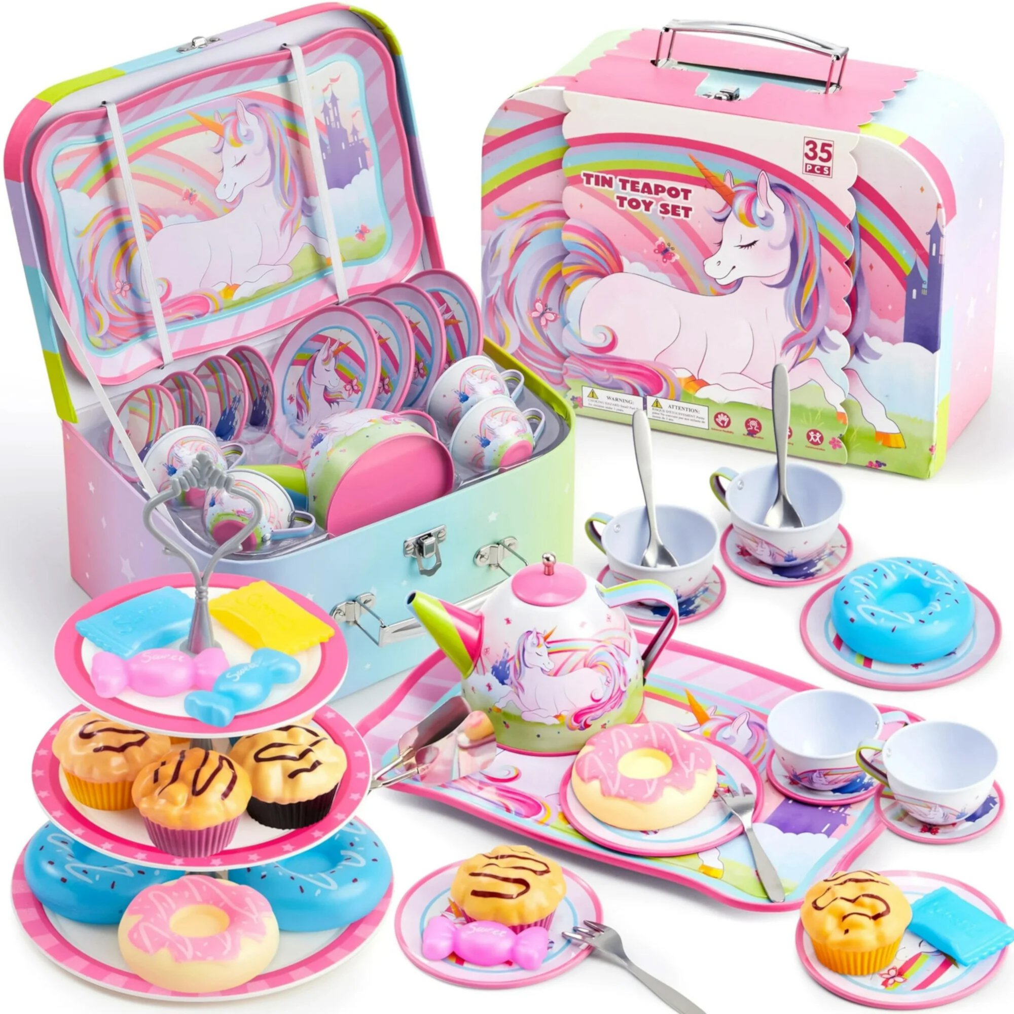 SYNCFUN 35 Pcs Unicorn Tea Set for Little Girls, Pretend Tin Teapot Set, Princess Tea Time Play Kitchen Toy, Birthday Gifts Kids Toddlers Age 3 4 5 6 SYNCFUN