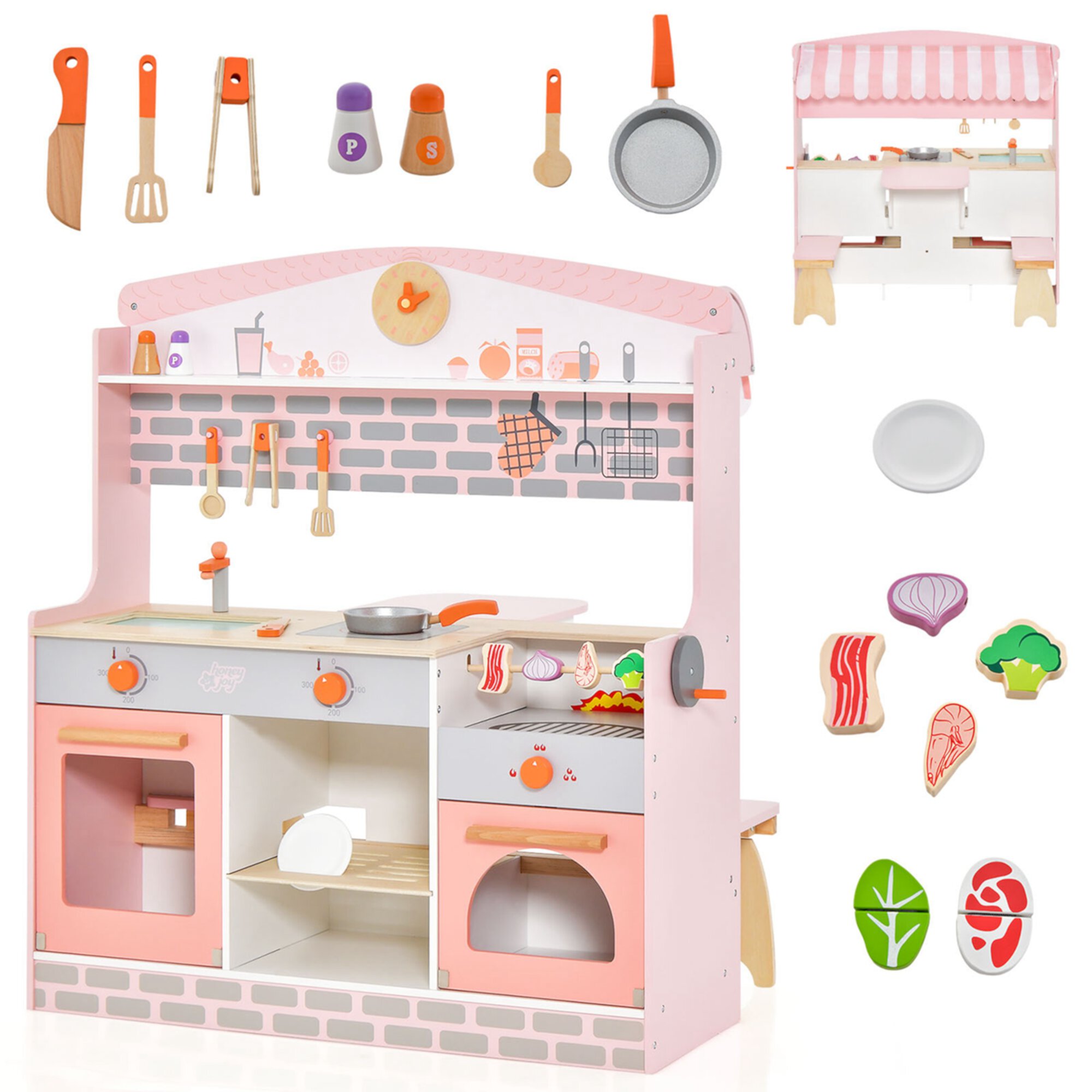 Costway 2 in 1 Kids Play Kitchen & Restaurant Double-Sided Pretend Playset with Canopy Costway