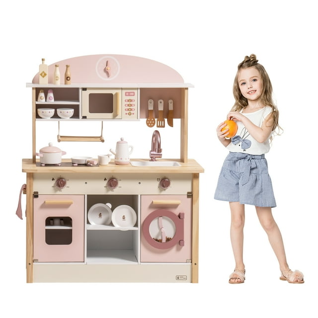 Robud Kids Wooden Kitchen Play Set Pretend Playset Toy with Play Cooker for Girls Boys Age 3+,Pink ROBUD