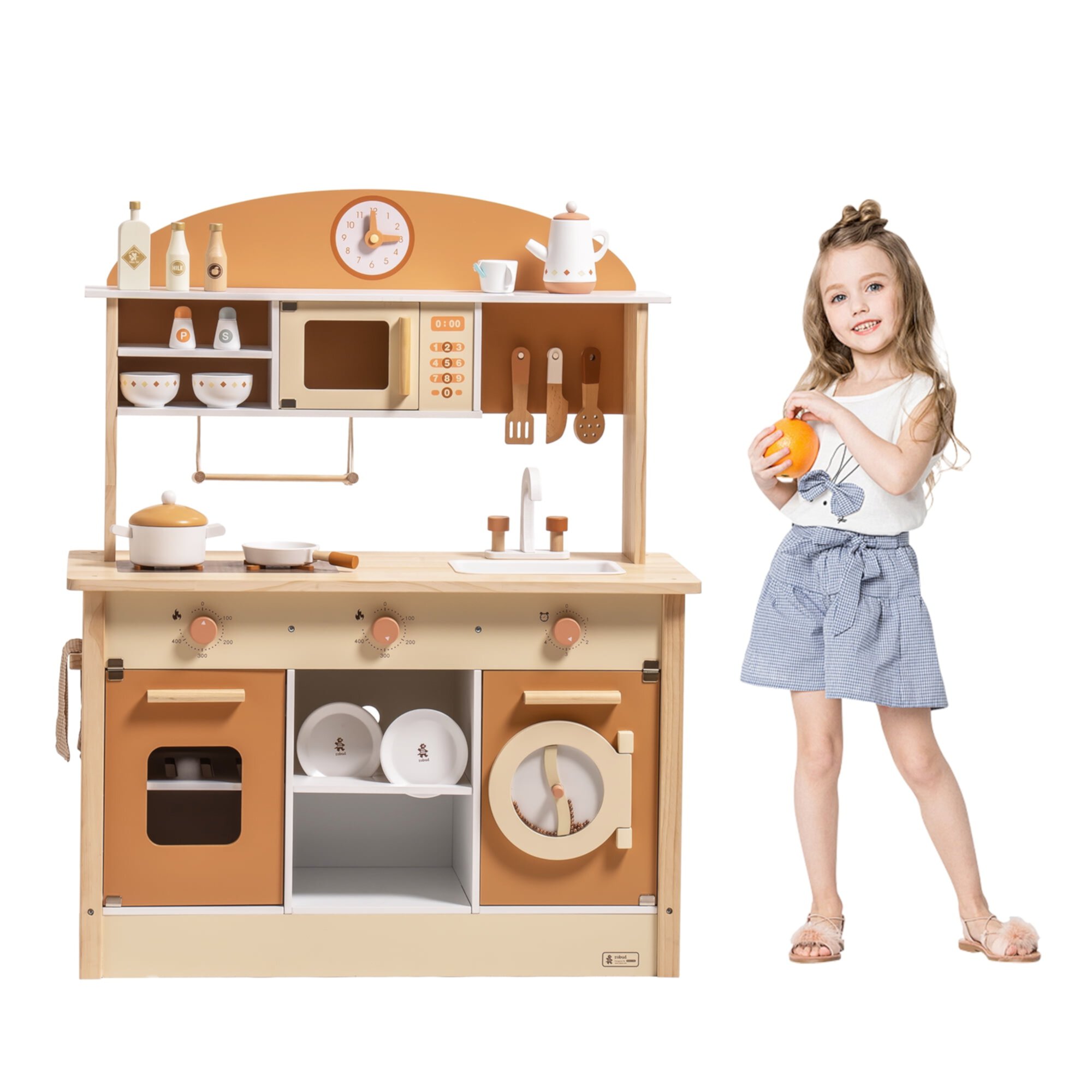 Robud Kids Wooden Kitchen Play Set Pretend Playset Toy with Play Cooker for Girls Boys Age 3+,Pink ROBUD