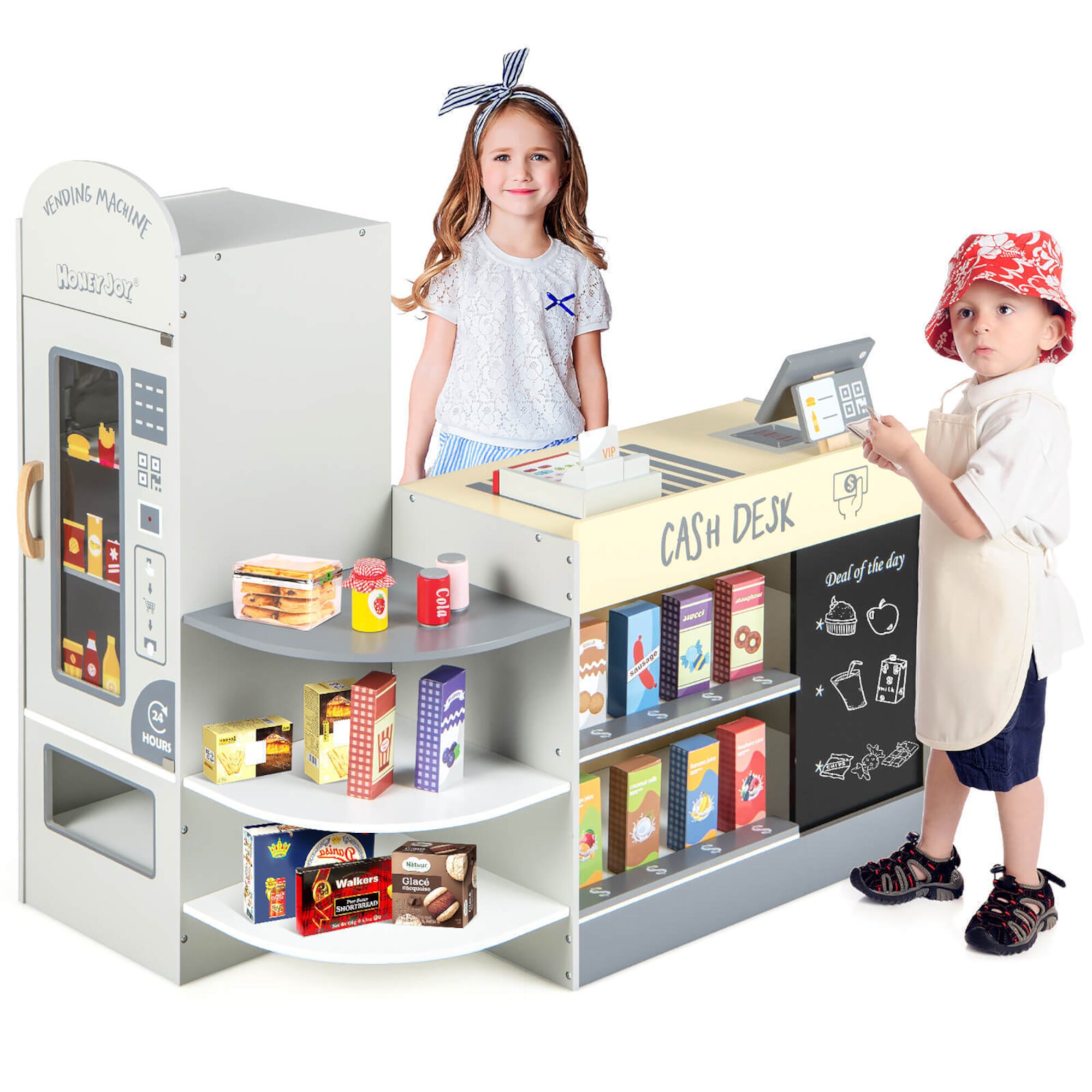 Gymax Kids Wooden Grocery Store Playset w/ Realistic Checkout Counter Vending Machine GYMAX