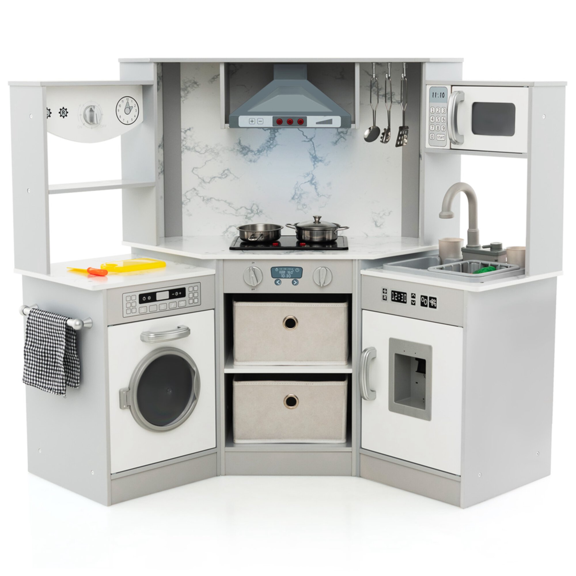 Costway Wooden Kids Play Corner Kitchen with Realistic Lights & Sounds Lighted Range Hood Grey Visit the Costway Store