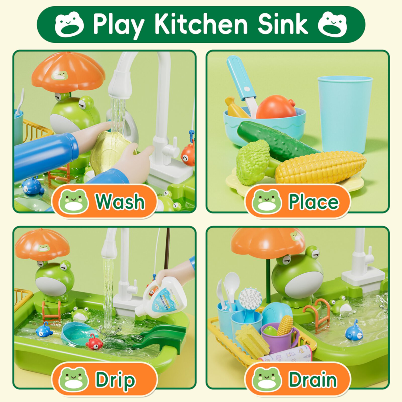 Play Sink with Running Water, Kitchen Play Sink Toy with Automatic Water Cycle System, Play Kitchen Accessories, Kids Pretend Play-Dishwasher Play Set for Boys Girls Toddlers 1 2 3 + Years Old Toys OROLIVING