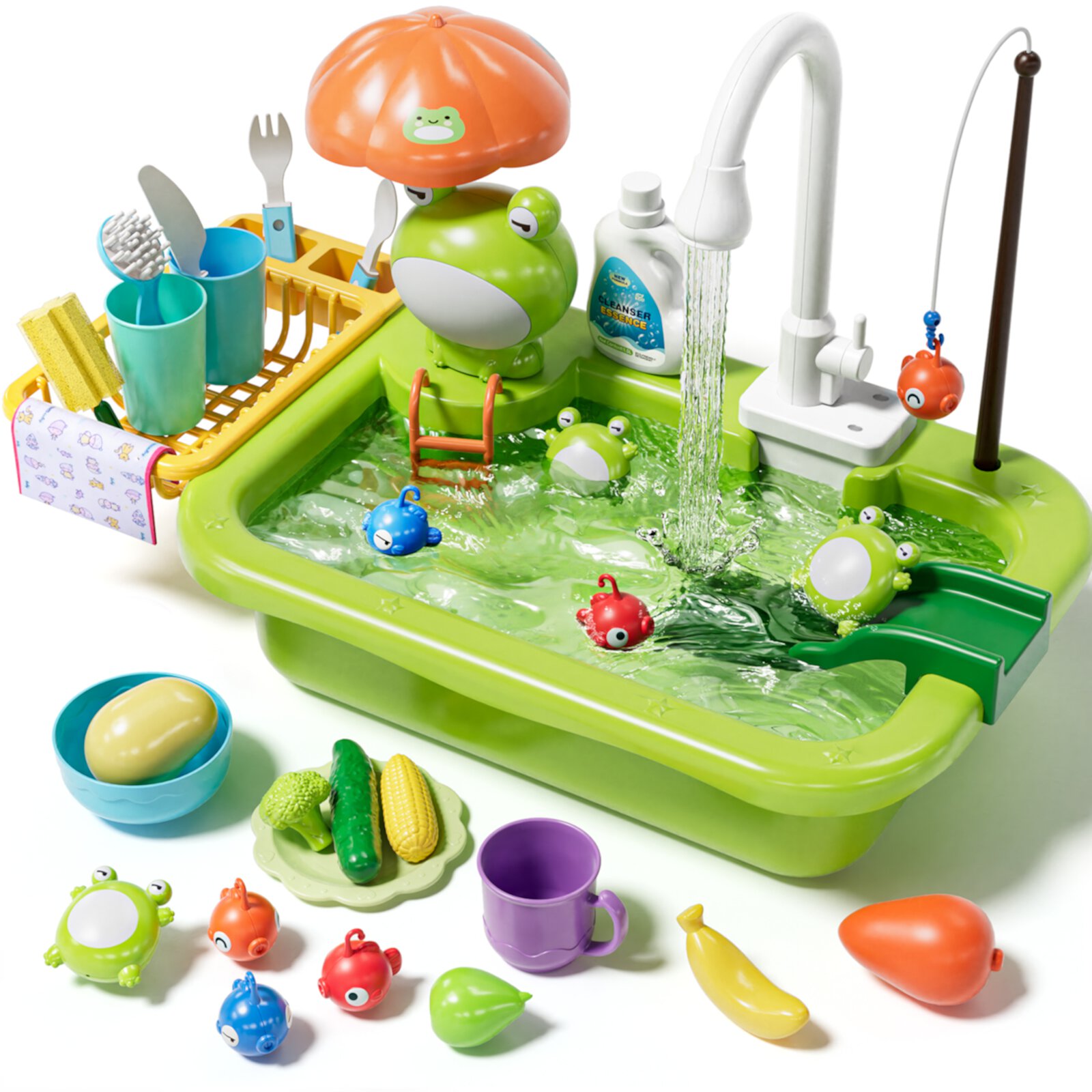 Play Sink for Kids with Running Water, Toy Sink with Play Food & Kitchen Utensils, Water Toys for Toddlers Fishing Game, Pretend Play Kitchen Toy Sink for Boys Girls, Best Gift for Toddlers Age 1-3 KWANITHINK