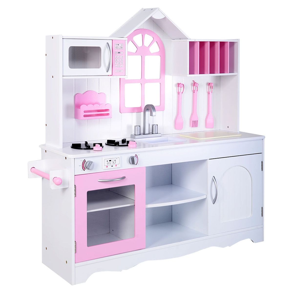 Costway Kids Wood Kitchen Toy Cooking Pretend Play Set Toddler Wooden Playset Costway