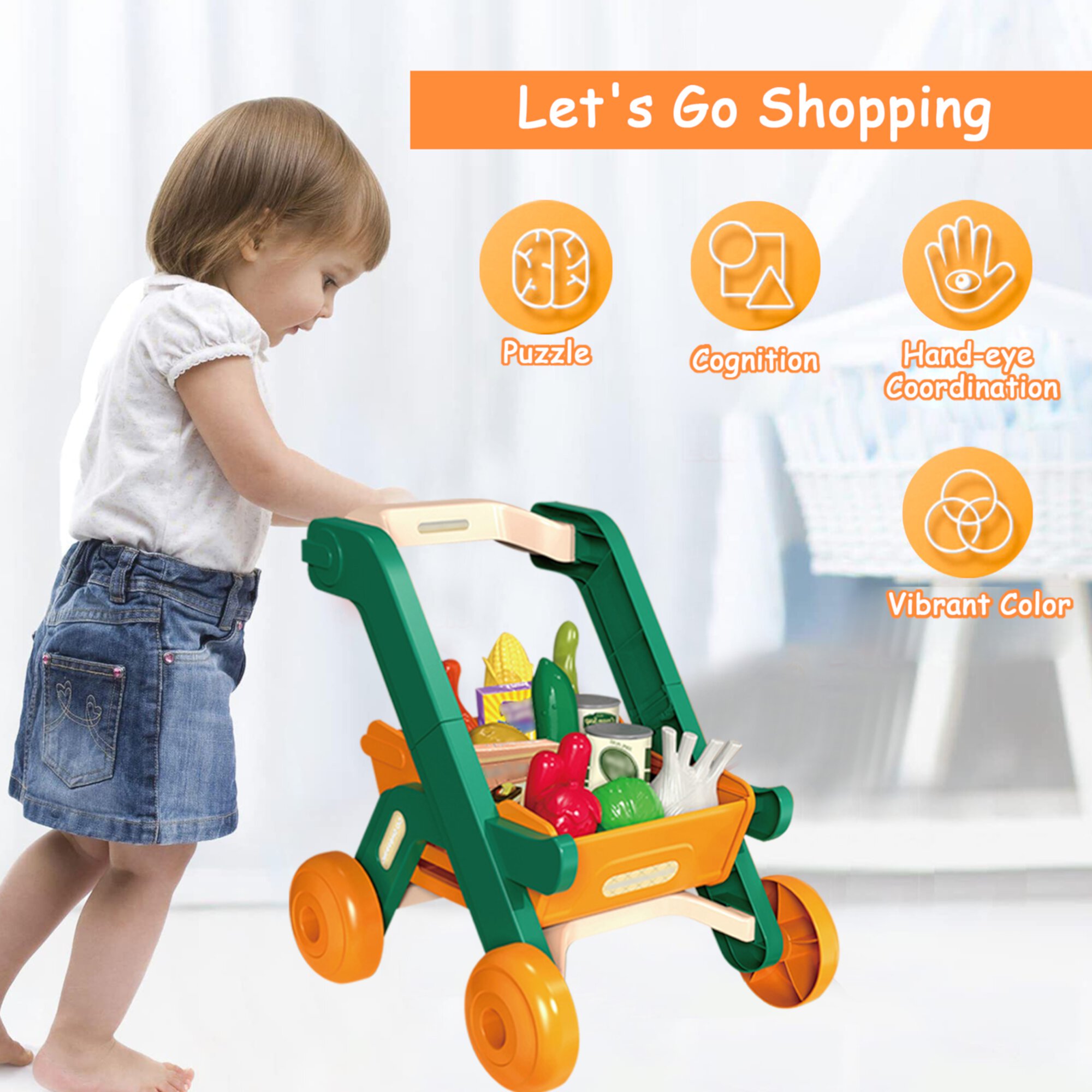 40Pcs Kids Shopping Cart Trolley Play Set,Play Food Set for Kids Kitchen,Stand Walker for Kids 12M+,Toys for 3-6 Year Boys Girls ANTIC DUCK