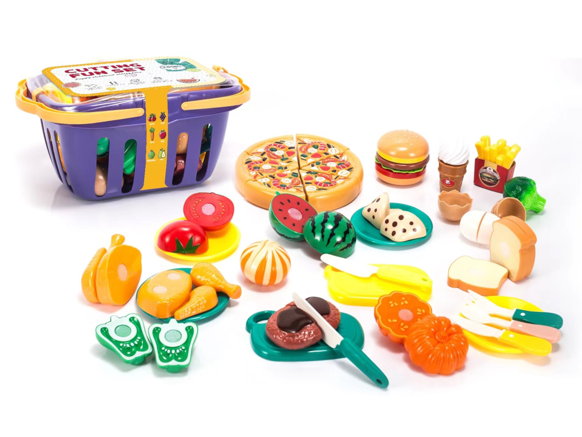 Cutting Food Play Set toys with basket, for Kids Pretend Kitchen Toys Cutting Fruits Vegetables, Pizza, Hamburger 26 Pieces and accessories for +3 Years Girls and Boys. Mundo Toys