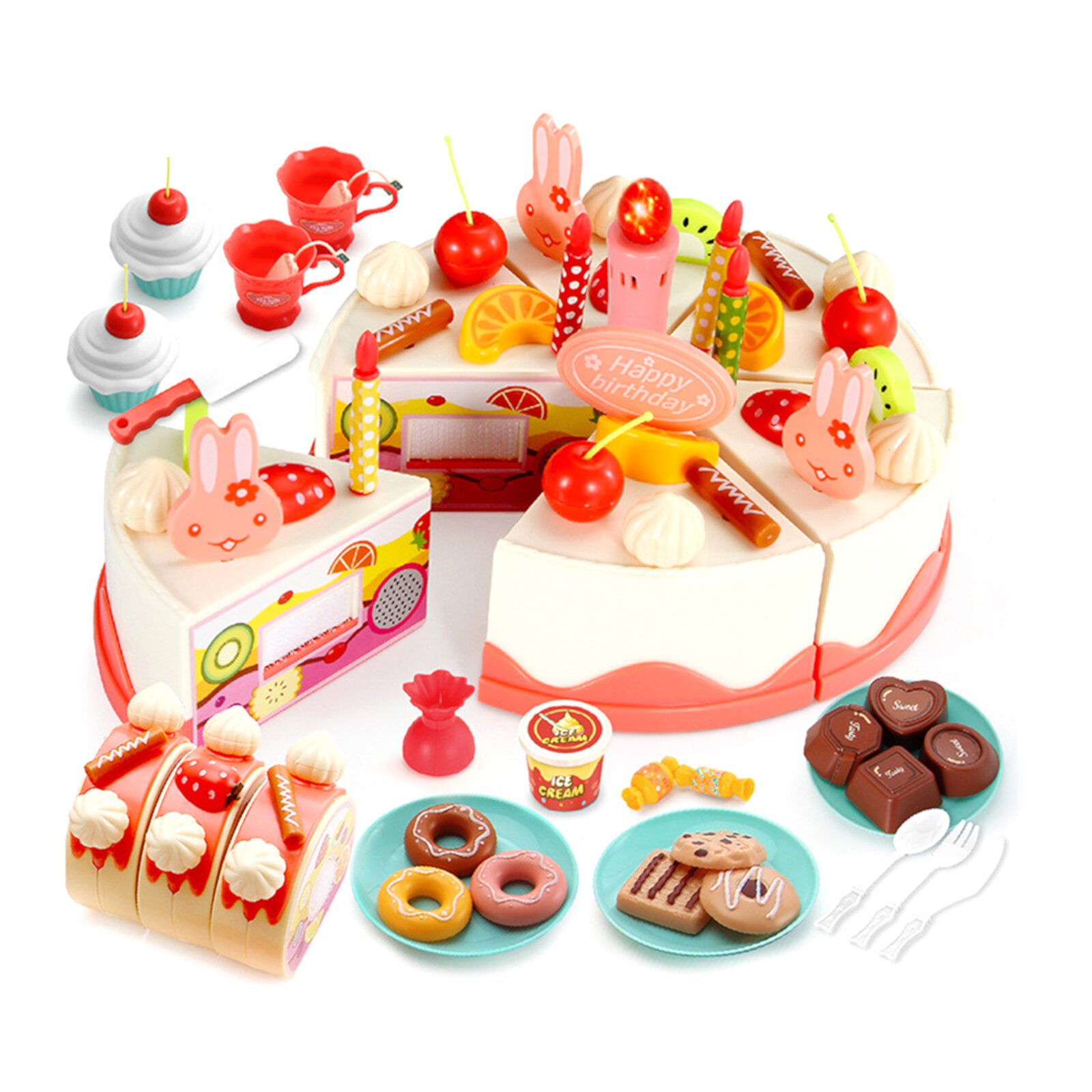 Birthday Cake Toy with Lights and Music,Pretend Play Cutting Food Toys, Kids Kitchen Playset with Tea Set, Candles, Dessert, Dount, Educational Toys Gifts for 3 4 5 6 Year Old Girls Bruce & Shark