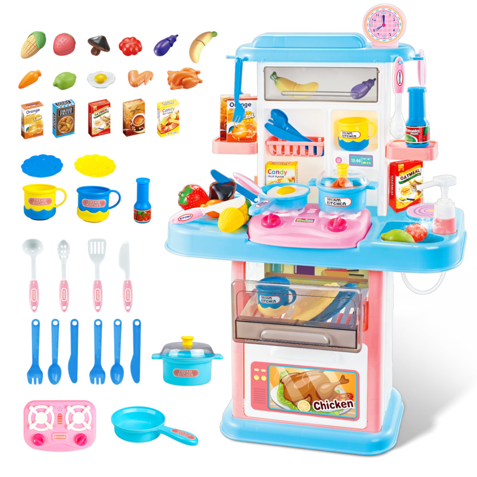 Flooyes Play Kitchen for Kids, Toddler Kitchen Playset Toy with Realistic Lights and Sounds Play Sink, Christmas Birthday Gift for Kids Age 3 4 5 6 7 (Blue) Flooyes