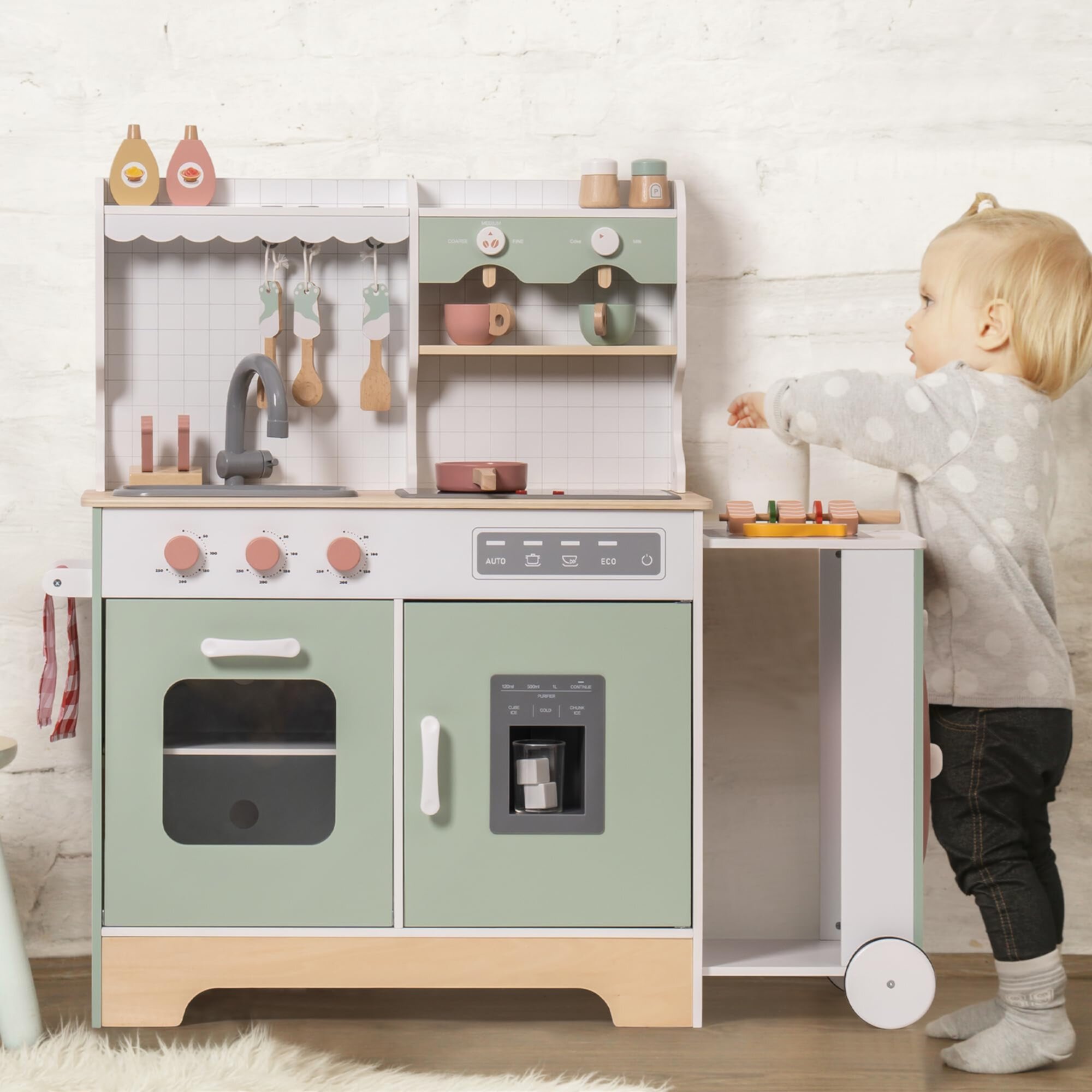 Robud Kids Kitchen Play Set with BBQ Grill, Ice Maker, Coffee Machine, and Accessories Pretend Playset Wooden Toy for Toddler Kids Age 3+,Green ROBUD