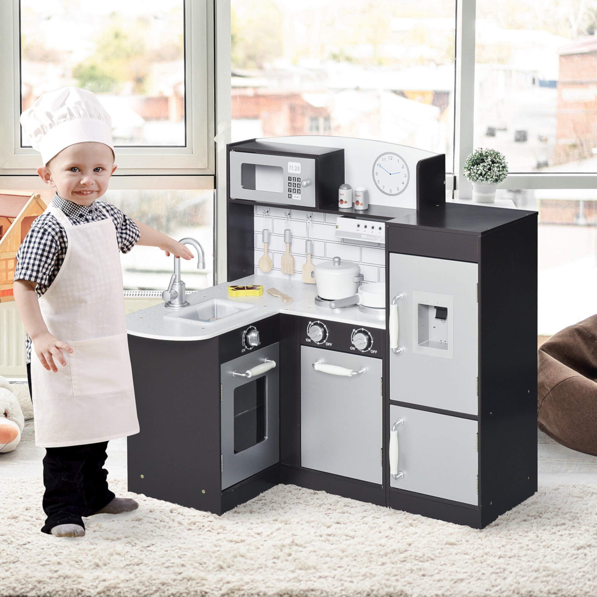 Qaba Play Kitchen Set for Kids with Lights Sounds, Apron and Chef Hat, Ice Maker, Utensils, Range Hood, Microwave, for Aged 3-6 Years Old, White Qaba