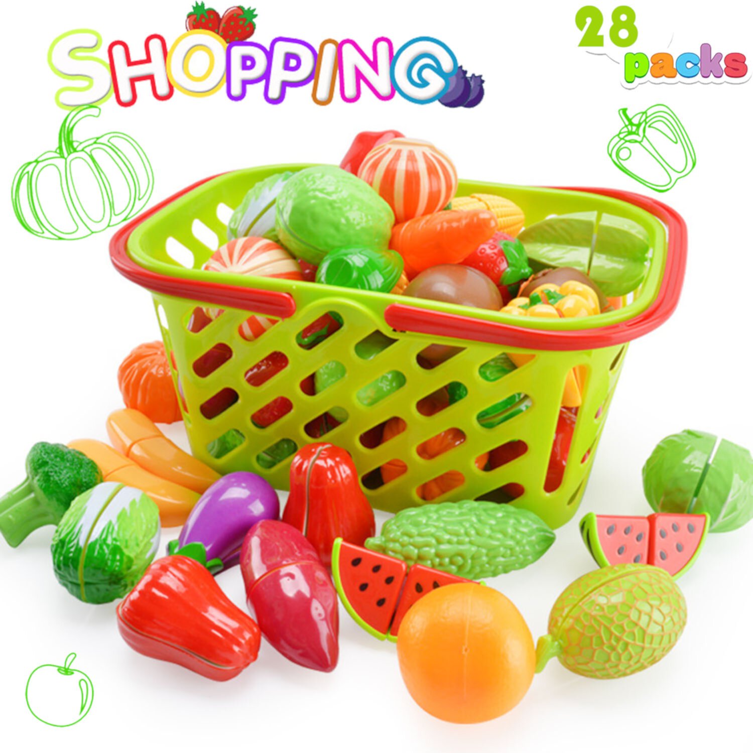 NimJoy Pretend Play Grocery Shopping Basket Toy for Girls 3-6 Years - Kids Food Play Set, 28Pc Mutil-Color Sliceable Fruit and Vegetable to Toddlers Pretend Food NimJoy