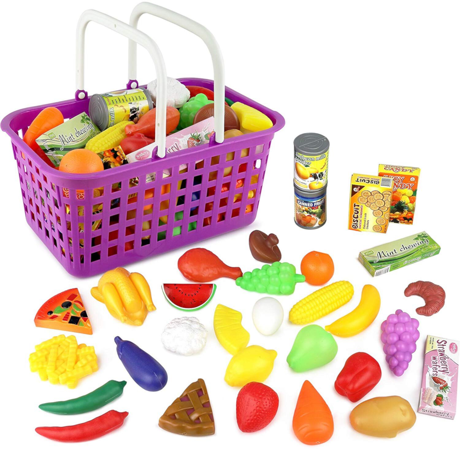 Click n' Play Kids 33 Pc. Pretend Play Grocery Shopping Basket Toy Food Set | Fruits and Vegetable Toys with Shopping Basket | Toy Kitchen Accessories Click N' Play