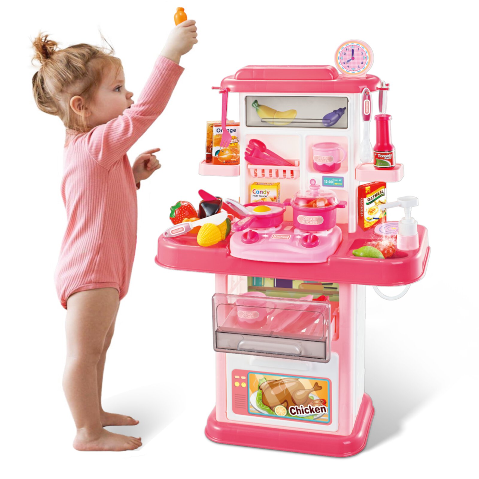 Flooyes Play Kitchen for Toddlers Girls Age 3 4 5 6, Kitchen Playset Pretend Play Toy with Realistic Lights and Sounds Play Sink, Christmas Birthday Gift for Boys Girls Age 3-6 Years (Pink) Flooyes