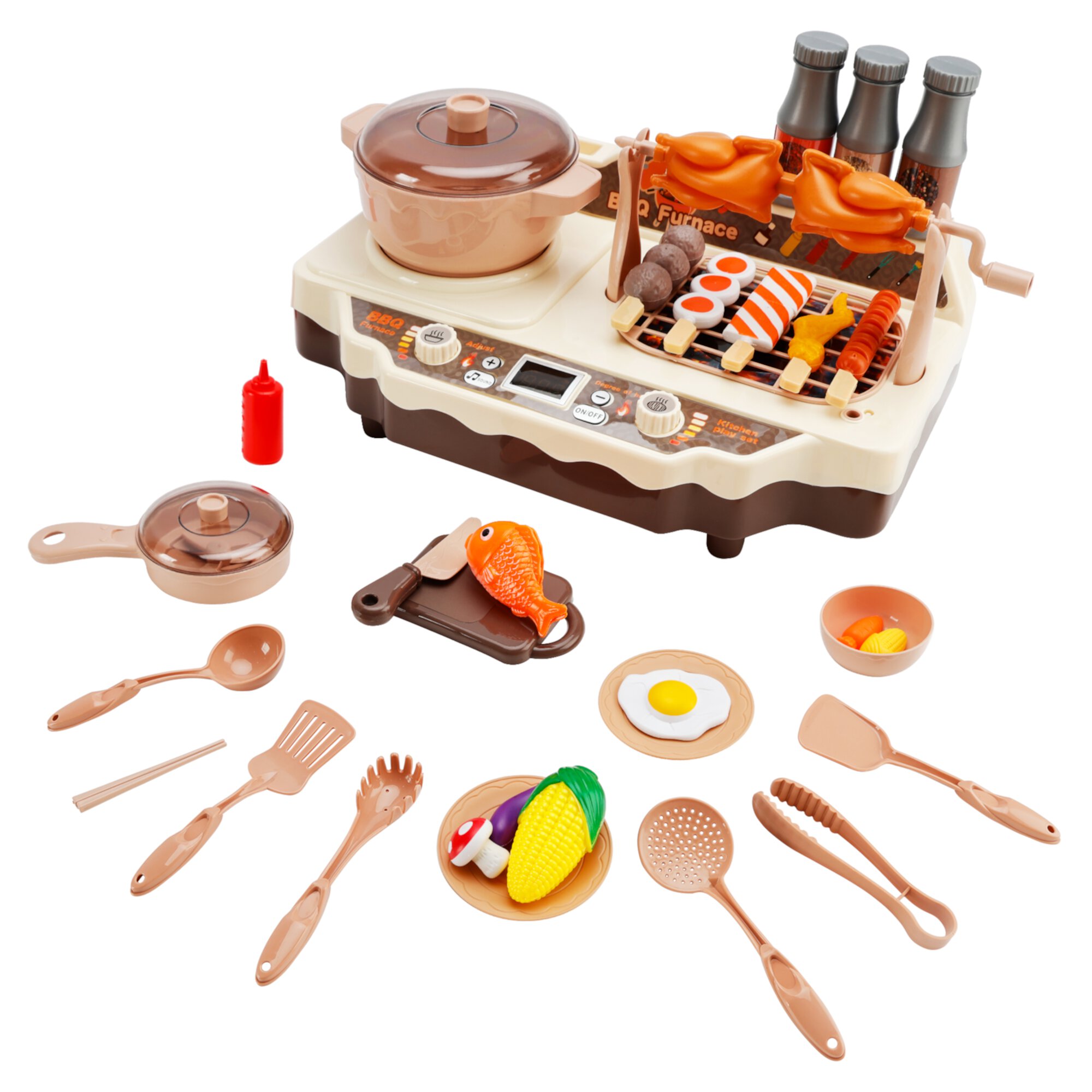 Kids Barbecue BBQ Grill Toy Set, Kitchen Playset with Smoke Sound Light Simulation Camping Cooking Interactive Pretend Play Food Toy for Toddlers Girls and Boys Ages 3-12 Bruce & Shark