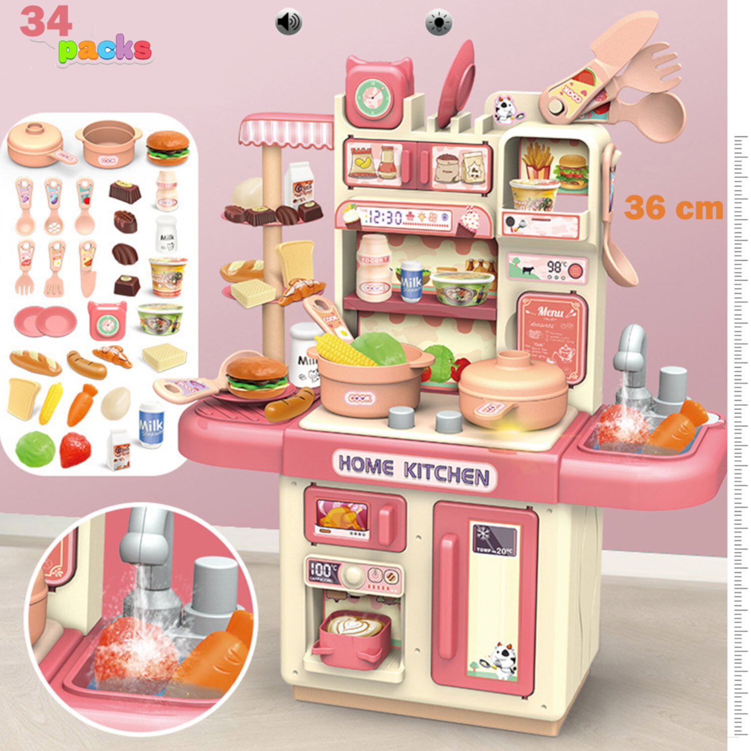 Fun Pretend Play Kitchen Toys Set for Kids Toddlers 2Y+, Play Food Accessories, Realistic Sounds, 34PCS Pink Little NimJoy