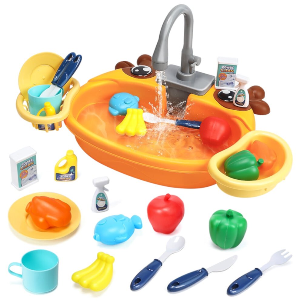 JoyStone Kitchen Sink Toy, Water Toys for Kids with Electronic Dishwasher, Pretend Play Kitchen Sink with Running Water, with Play Food and Other Accessories, Birthday Gift for 3-7 Kids, Yellow JoyStone