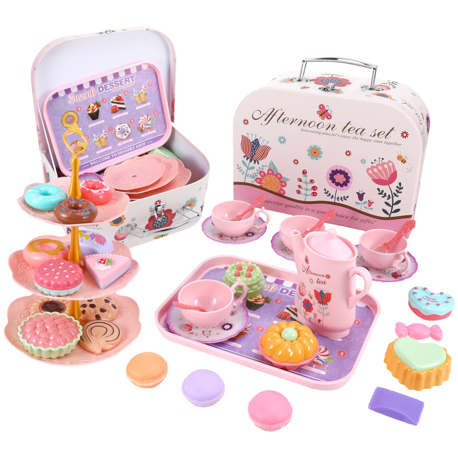 sixwipe 48 Pcs Kids Tea Set for Little Girls, Princess Tea Party Set for Toddlers, Flower Design Toy Tea Set with Metal Teapots Tea Cups Plates Coasters Spoons Carry Case, Pretend Play Toys for Kids Sixwipe