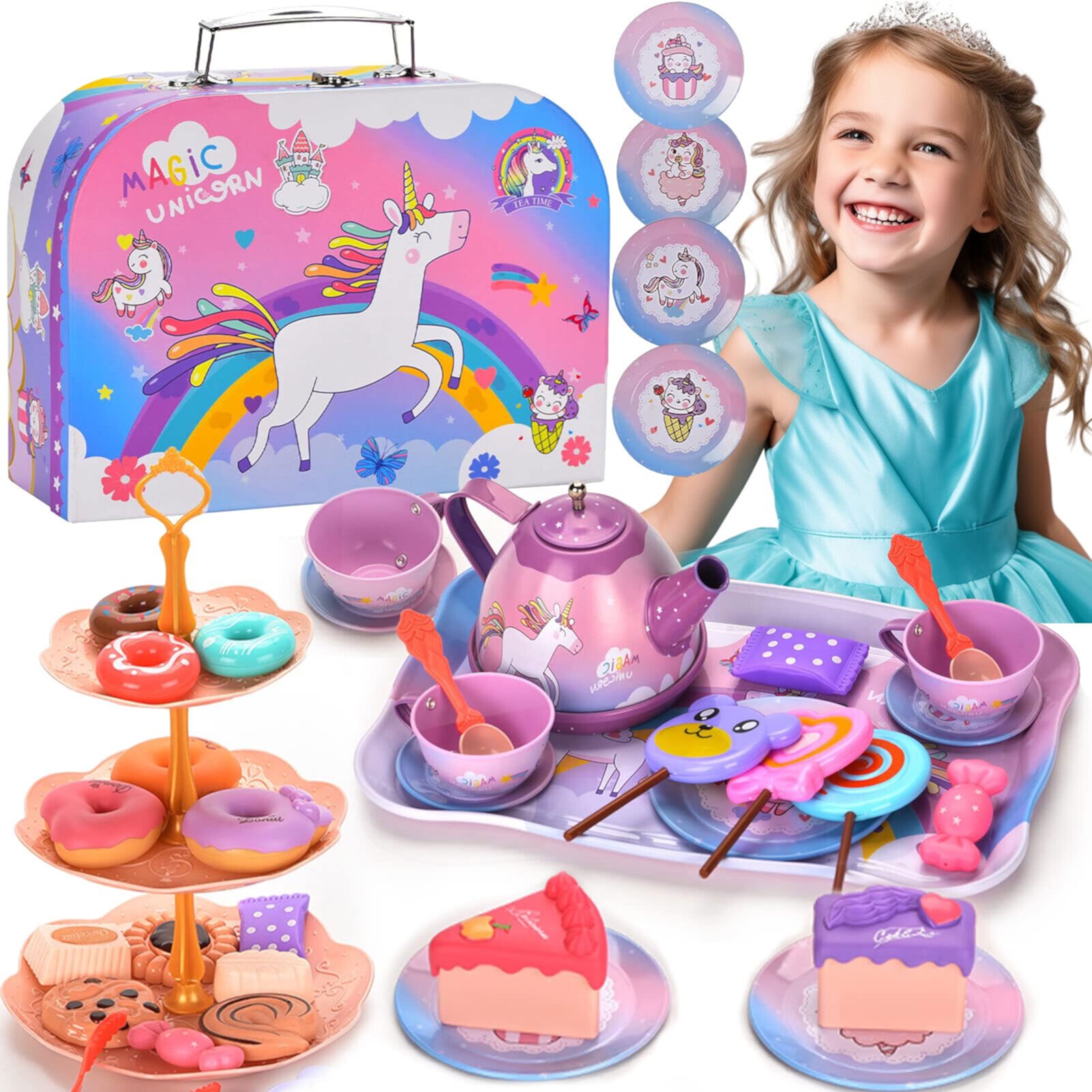 Freecat Tea Set for Little Girls, Princess Tea Time Toys Playset, Kitchen Pretend Play Tin Tea Party Set Birthday Christmas Gifts for Kids Toddlers Toys (Flower Desgin) Freecat