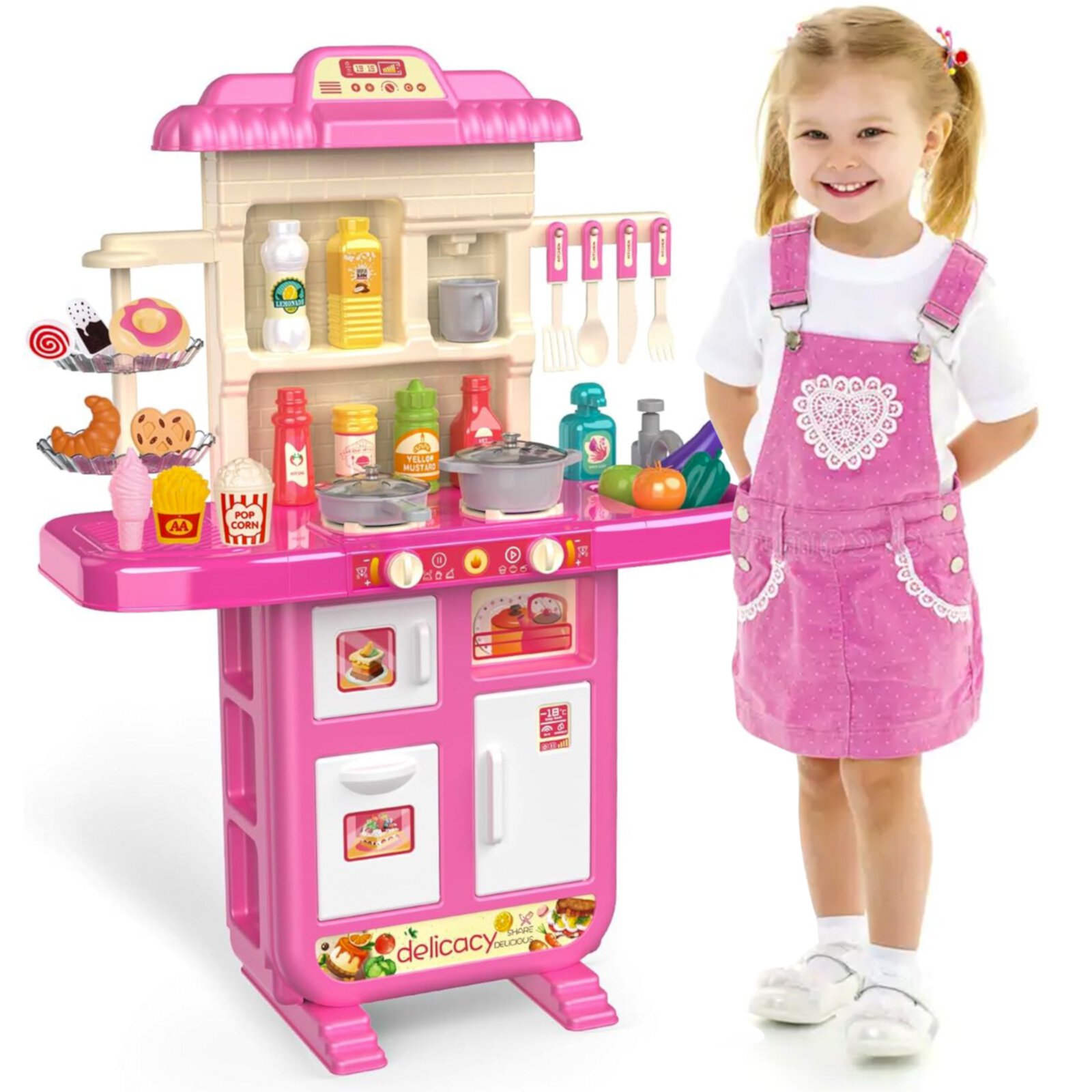 Freecat Play Kitchen Set, Toys for Girl Ages 2-4 Years, Kitchen Accessories with Light and Sound, Kids Kitchen Gifts for Girls 2 3 4 Years.(36" x 24" x 11") Freecat