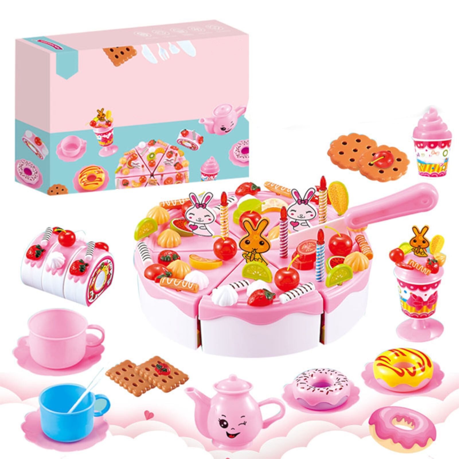 99 Pcs Birthday Cake Toy Plastic Kitchen Cutting Toy for Kids DIY Play Food Set Pretend Play Toys Birthday Party Kits for Girls 3+ Years Pink Ccdes