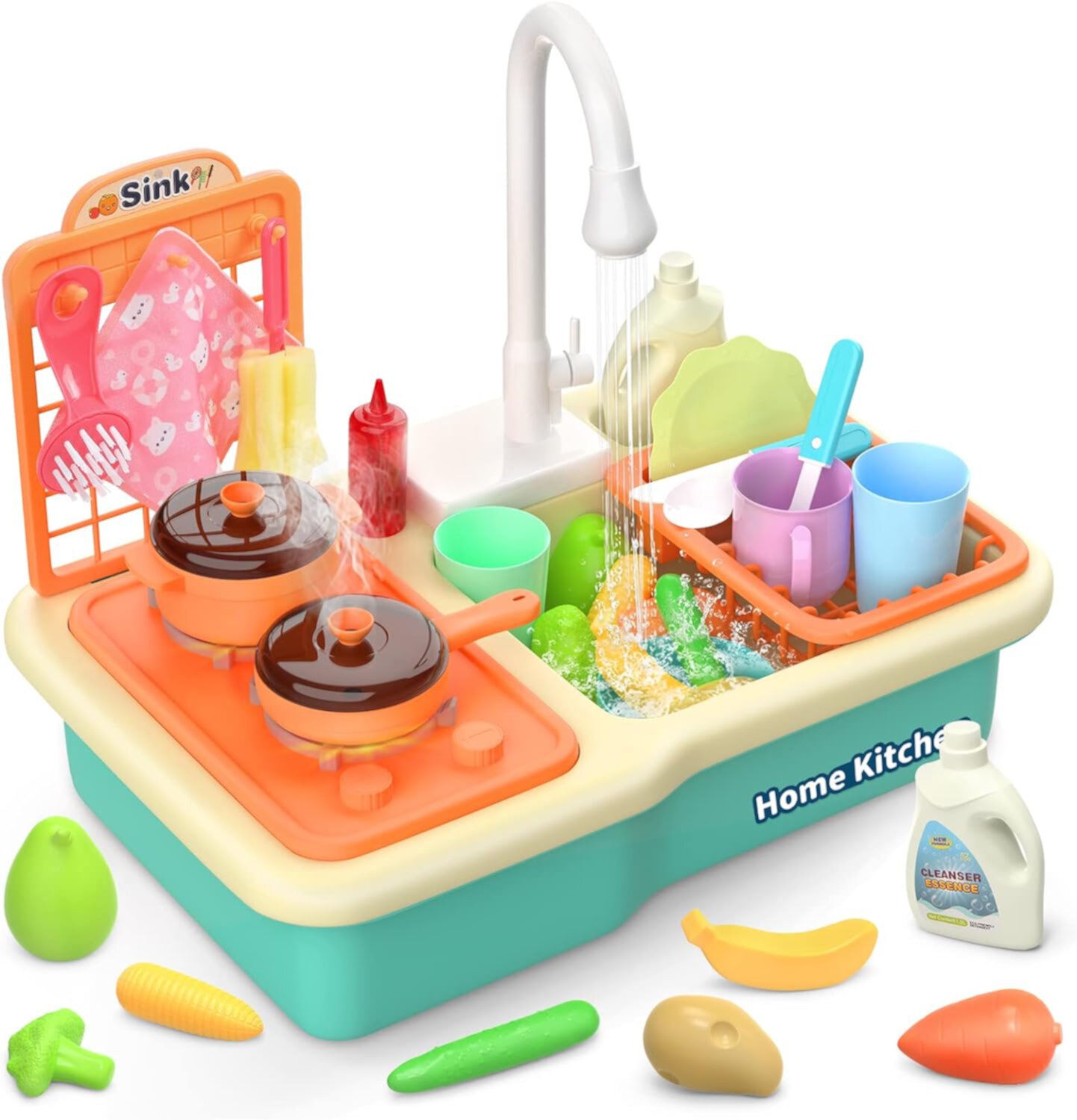 Kitchen Sink Toys with Running Water, Play Sink with Upgraded Electric Faucet, Play Cooking Stove, Pot and Pan W/Spray Realistic Light & Sound, Kids Kitchen Role Play Dishwasher Toys Generic