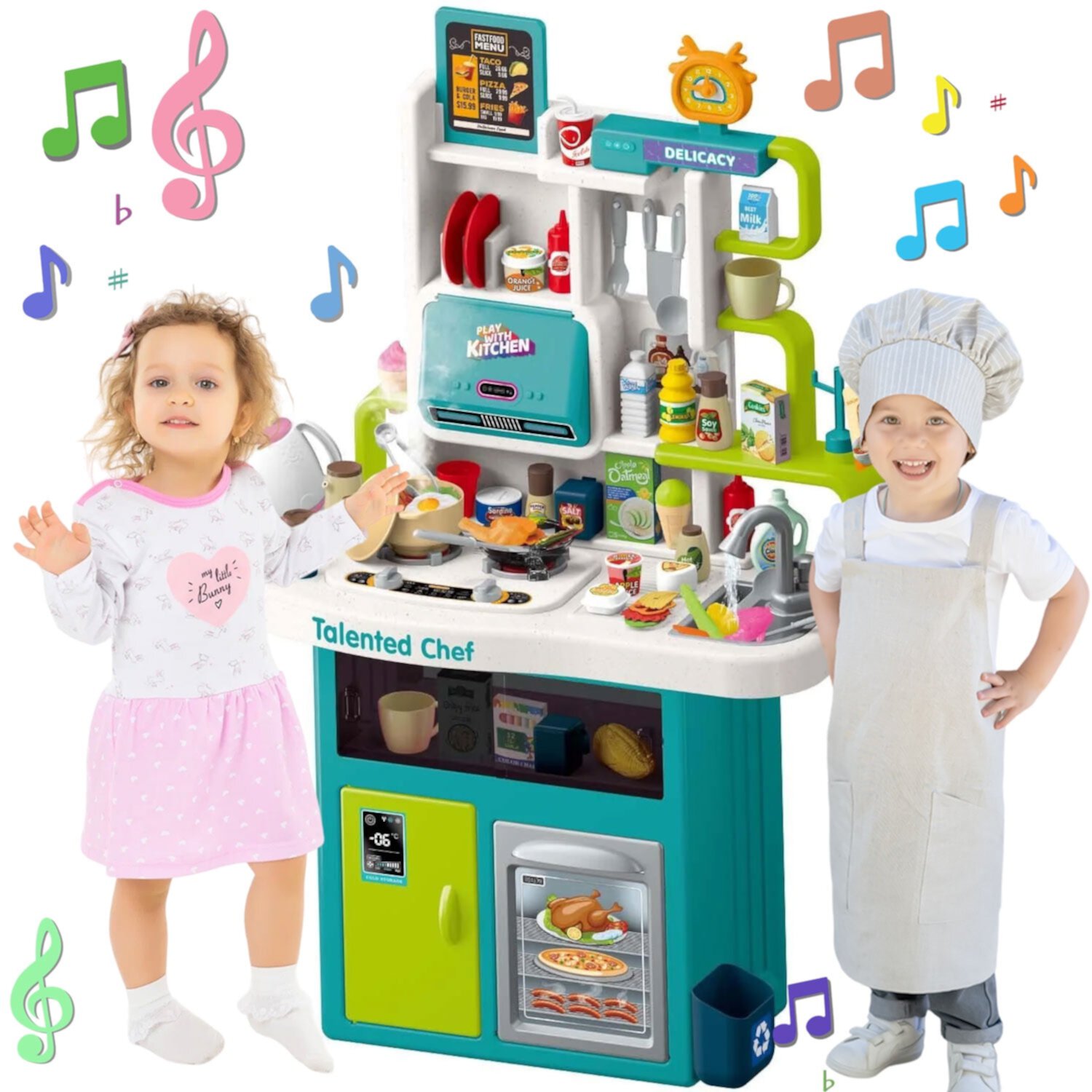 Kid Odyssey 41 inch Play Kitchen Set, 103 PCS Kids Kitchen Playset with Light, Sound, Sink& Water Spray,Pretend Play Food Toys for Boys Girls Ages 4-8 Kid Odyssey