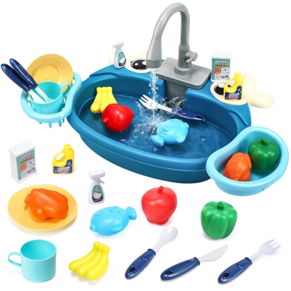 JoyStone Kitchen Sink Toy, Water Toys for Kids with Electronic Dishwasher, Pretend Play Kitchen Sink with Running Water, with Play Food and Other Accessories, Birthday Gift for 3-7 Kids, Blue JoyStone