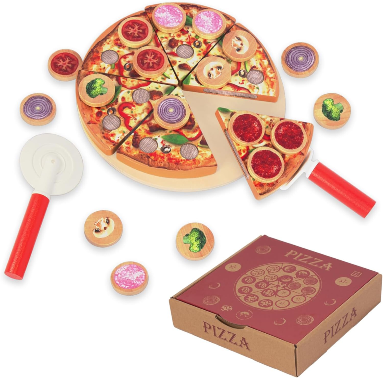 WoodenEdu Cutting Play Food Toy for Kids Kitchen,Wooden Pizza Set Pretend Play Kitchen Accessories,Learning Toy Birthday Gifts for Boys Girls Toddlers WoodenEdu