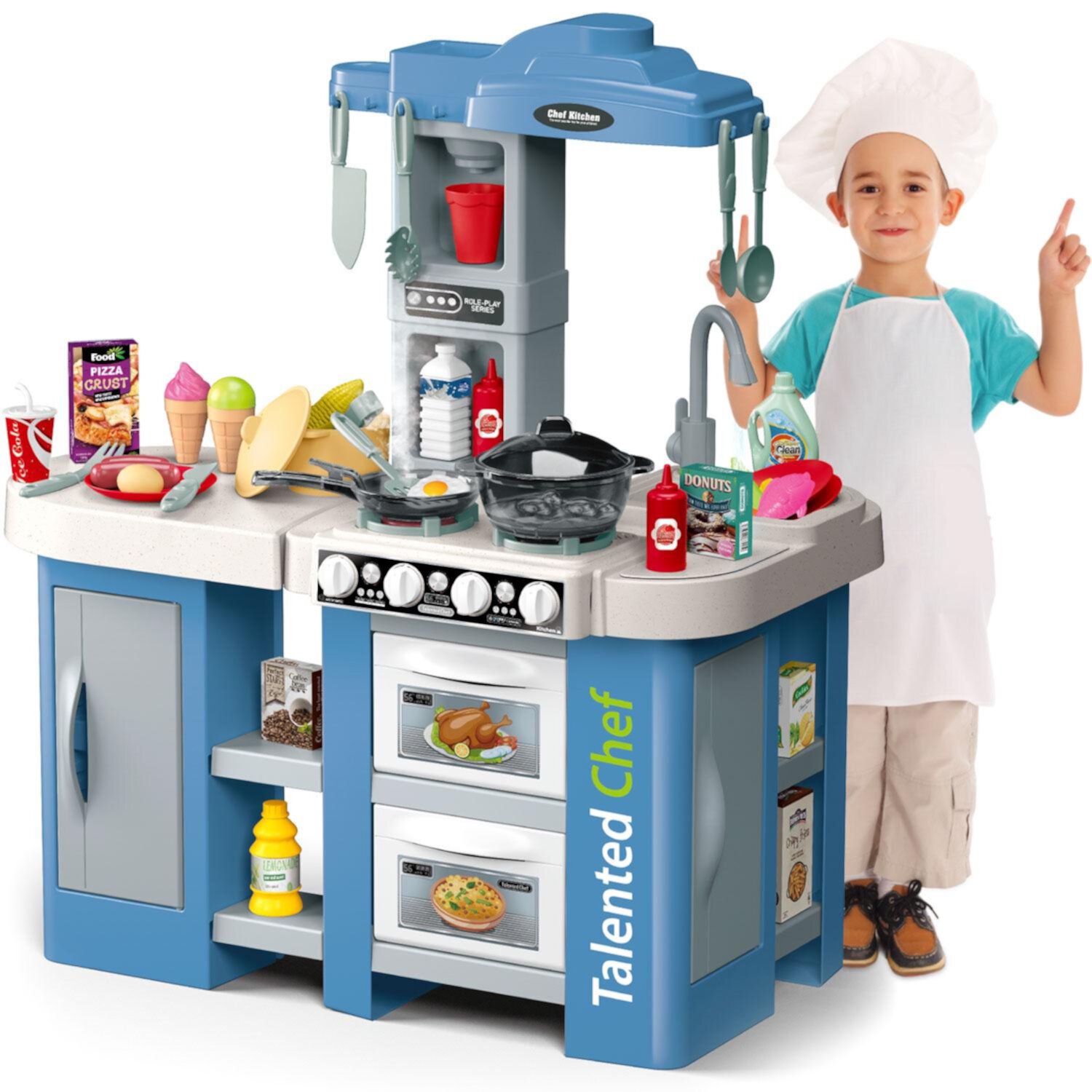 Kid Odyssey Kids Kitchen Playset,72 PCS Play Kitchen Set with Light, Sound, Sink& Water Spray,Pretend Play Food Toys for Boys Girls Ages 4-8 Kid Odyssey