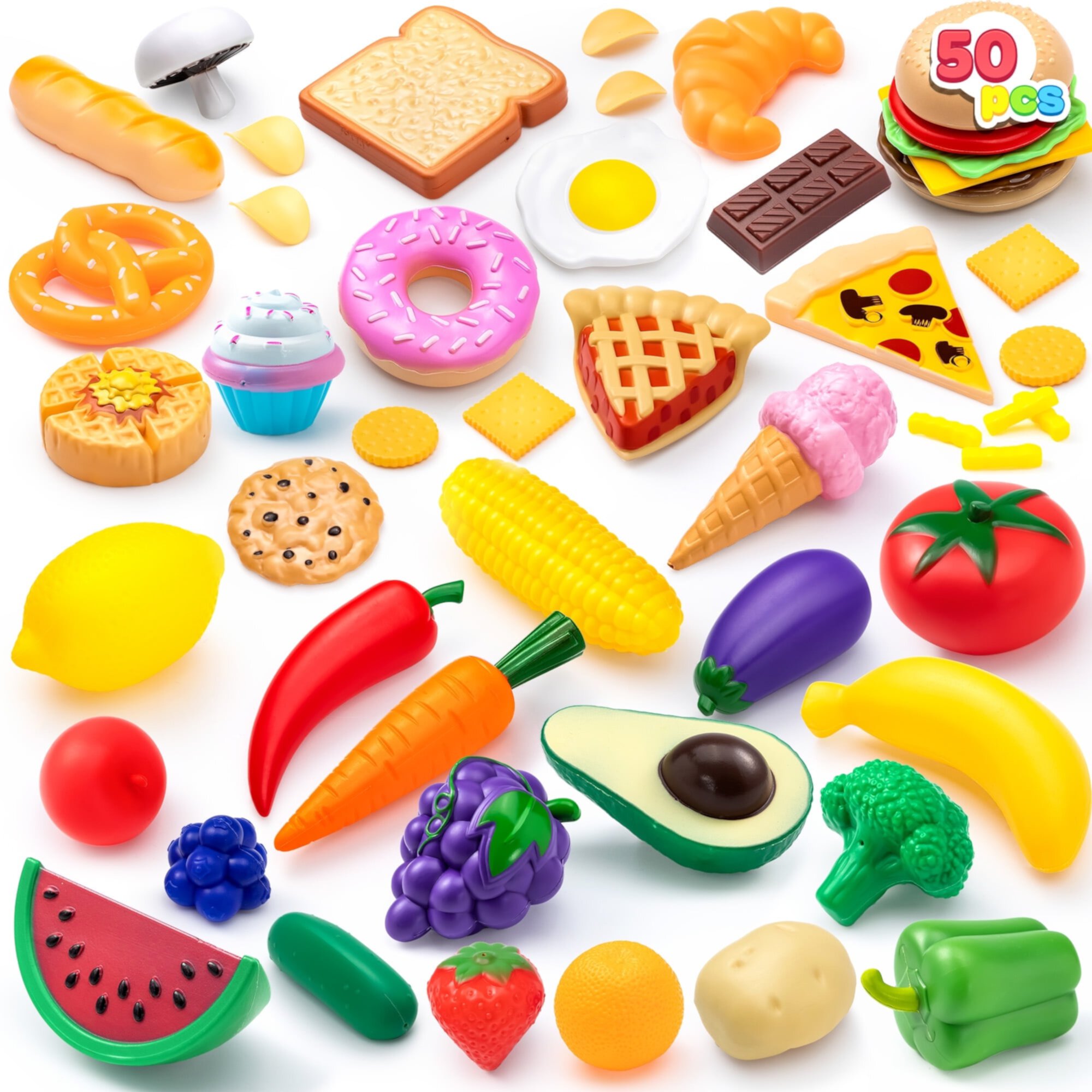 SYNCFUN 50 Pcs Kids Play Food Toys, Pretend Play Kitchen Playset with Fake Food for Kids Toddlers, Easter Birthday Gifts Party Supplies SYNCFUN