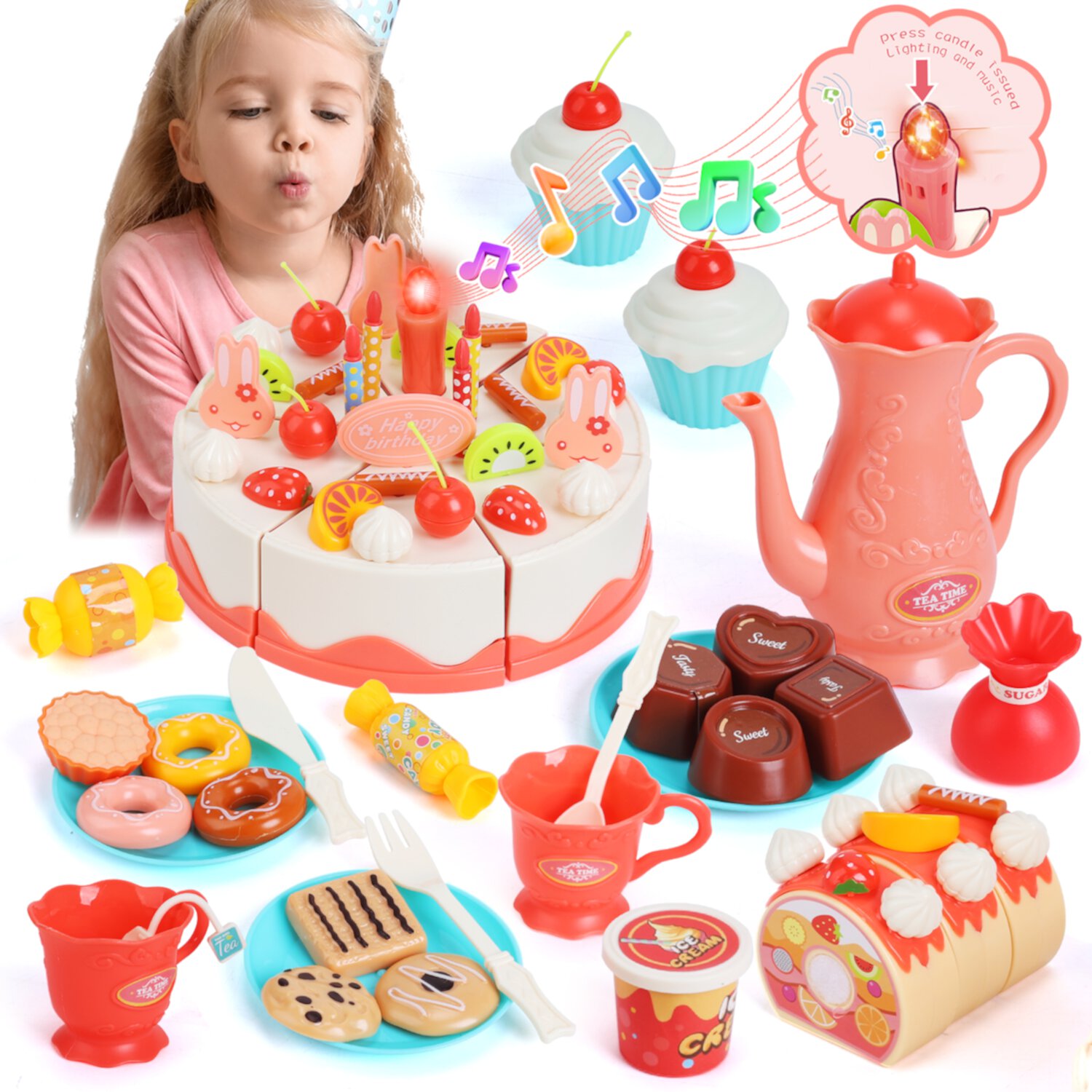 JoyStone 82 PCS Birthday Cake Toys Set, Pretend Play Tea Party Dessert Set with Light & Cutting Food Chocolate, Fruit Decor, Candles, Gift for Kids JoyStone