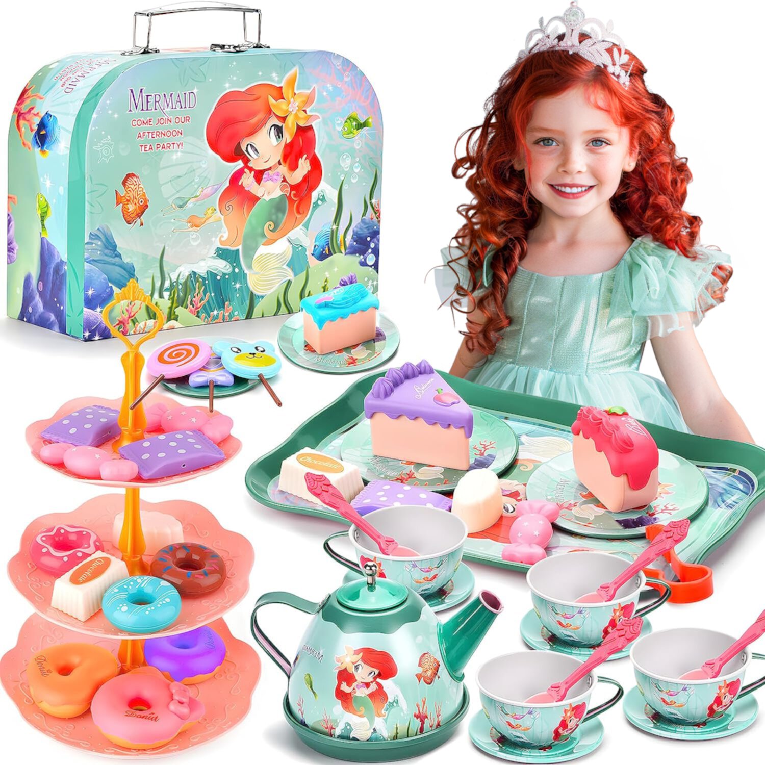 Flooyes Mermaid Tea Party Set for Kids, Pretend Play Tea Set, 48 PCS Toy Tea Set Includes Teapot, Cups, Saucers, and Accessories - Perfect Christmas Gifts for Kids Girls Parties Role-Playing Games Flooyes