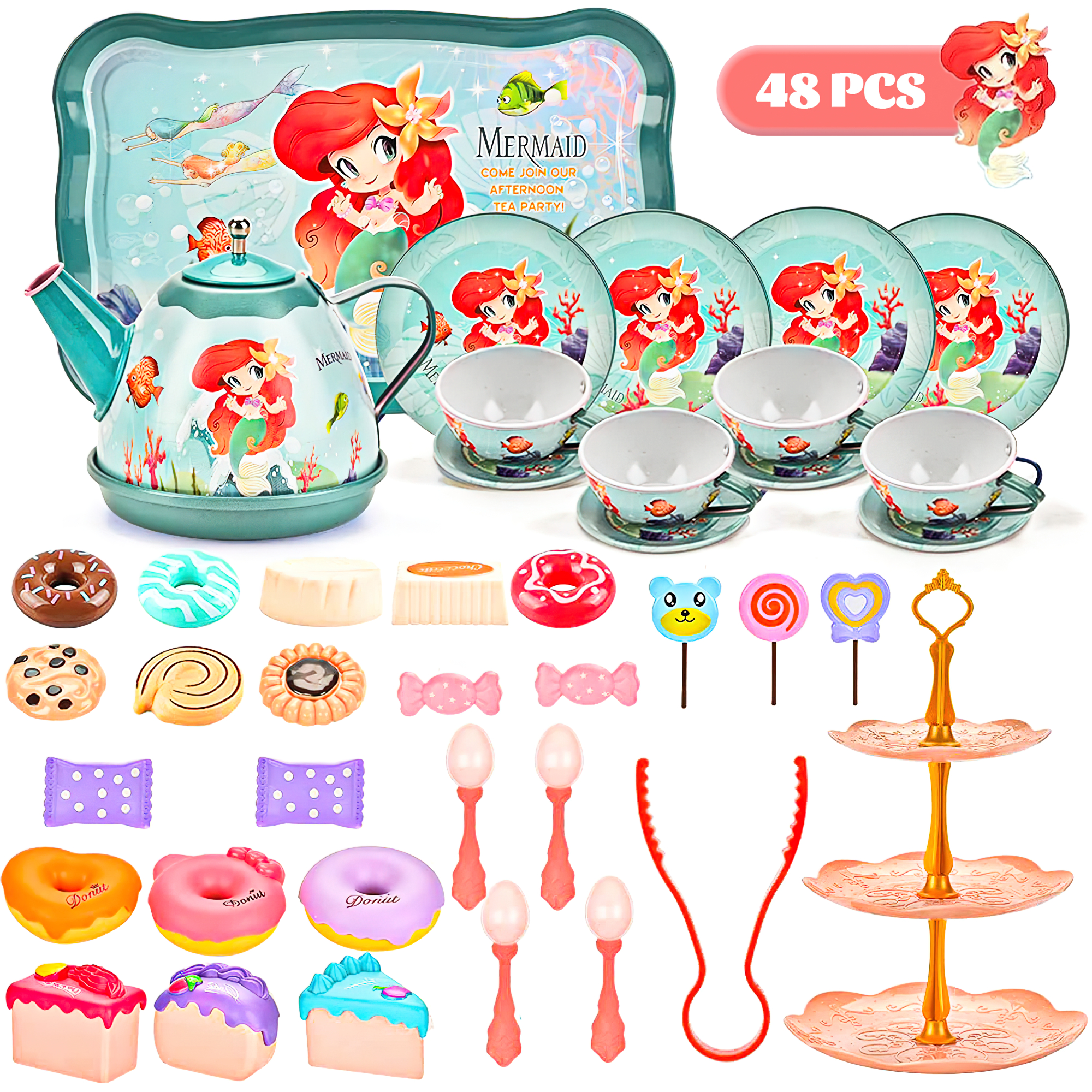 Huge Wave 48 Pcs Kids Tea Set with Treats, Pretend Play Tea Set for Imaginative Fun, Mermaid Themed Toy Tea Set for Children, Perfect for Pretend Tea Parties, Birthday Christmas Gift for Girls 3+ Huge Wave