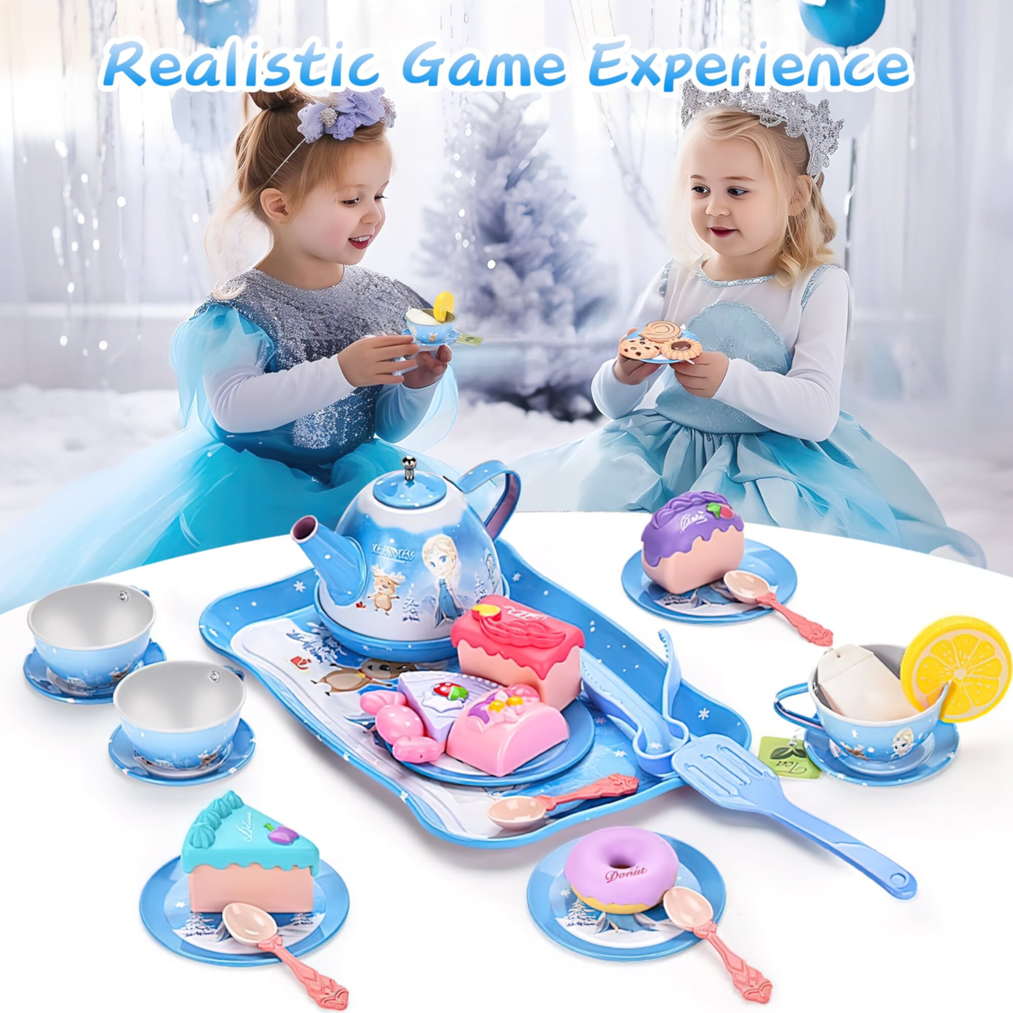 HopeRock 47PCS Princess Kitchen Tea Set for Little Girls Toys, Pretend Play Toys for Girl 3-6 Years Toddler Girls Christmas Birthday Gift.(Blue) HopeRock