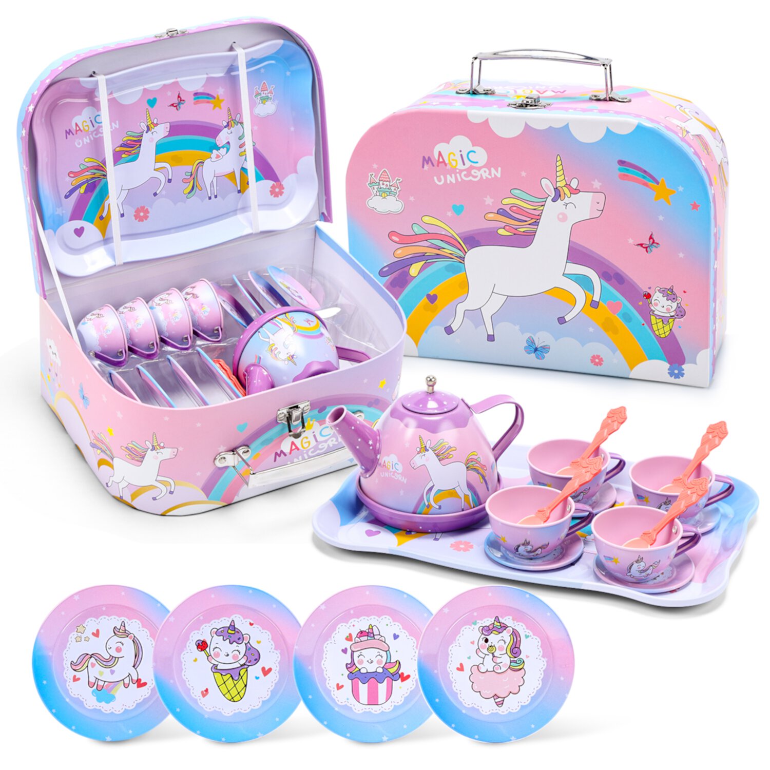 JoyStone 19PCS Kids Tea Party Set Includes Kettle, Princess Tea Time Toys Playset Kitchen Pretend Play Toy for 3-10 Years Old JoyStone