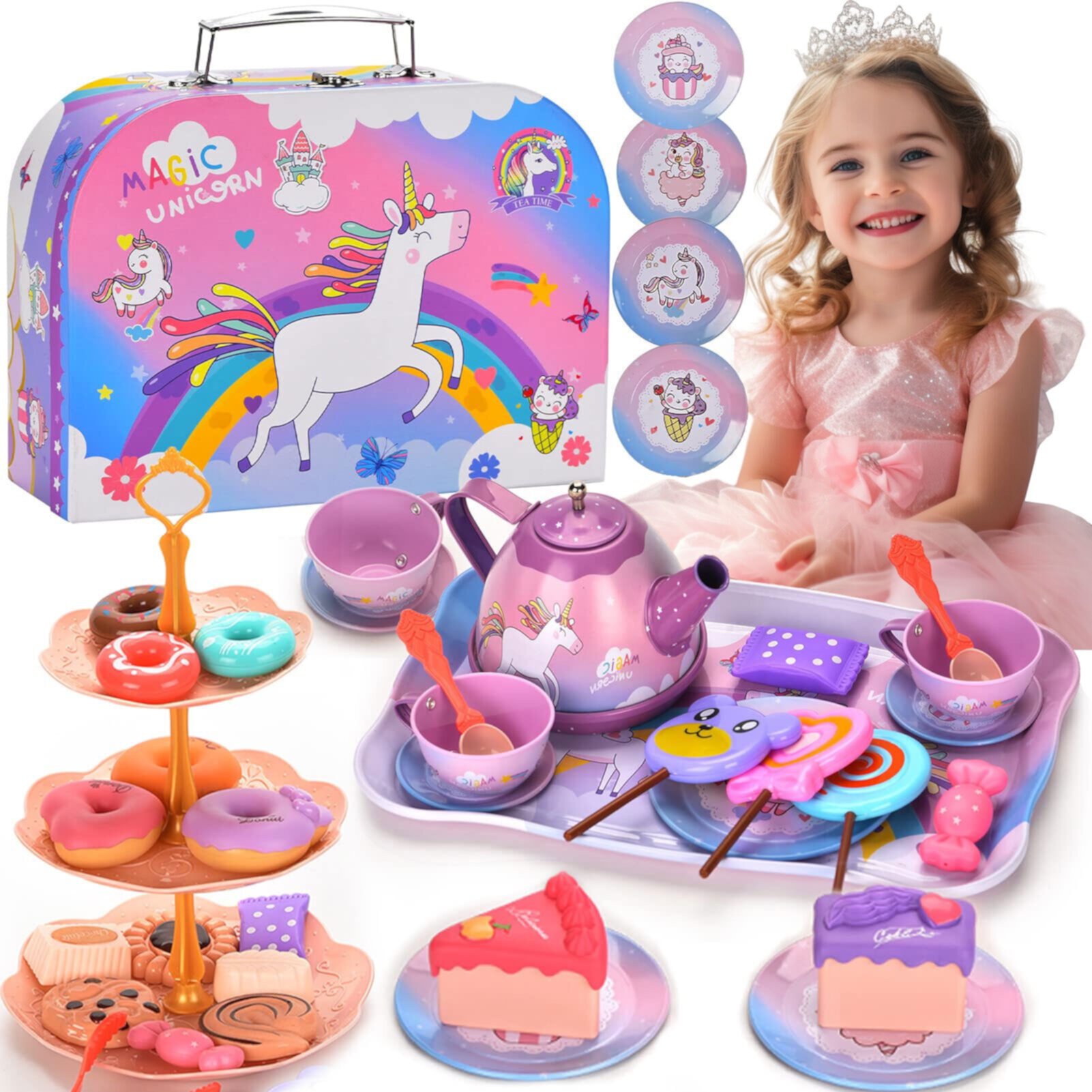 Hot Bee Princess Tea Party Set for Little Girls, Tin Tea Set with Desserts & Carrying Case, Perfect Birthday Gift for Ages 3-8, Pretend Play Kitchen Toy Hot Bee