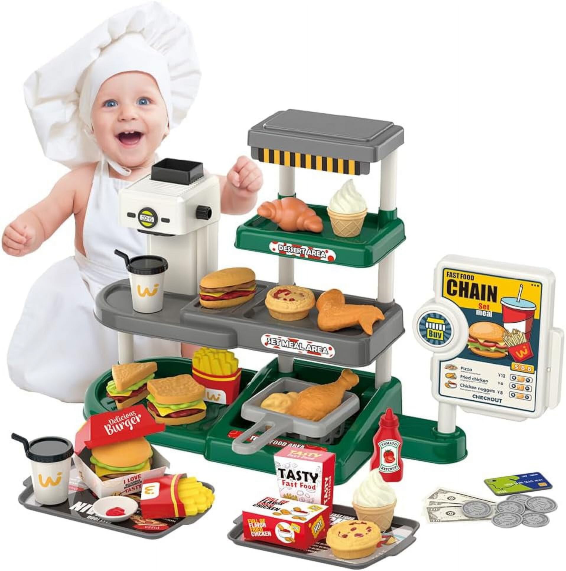 Style-Carry 71PCS Kids Kitchen Play Set, Toddlers Pretend Cooking Cookware Accessories, Includes Cash Register and Water Dispenser, Play Food Gift for 3 4 5 6 7 Years Old Boys and Girls Style-Carry