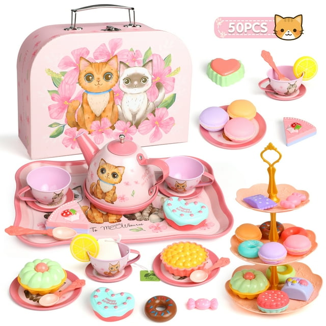 Huge Wave 50PCS Tea Party Set, Gift for Girls Age 3 4 5 6+ Years, Cute Cat Tea Party Set Kitchen Pretend PrincessToys with Carrying Case, Toddler Girls Christmas Birthday Gift Huge Wave