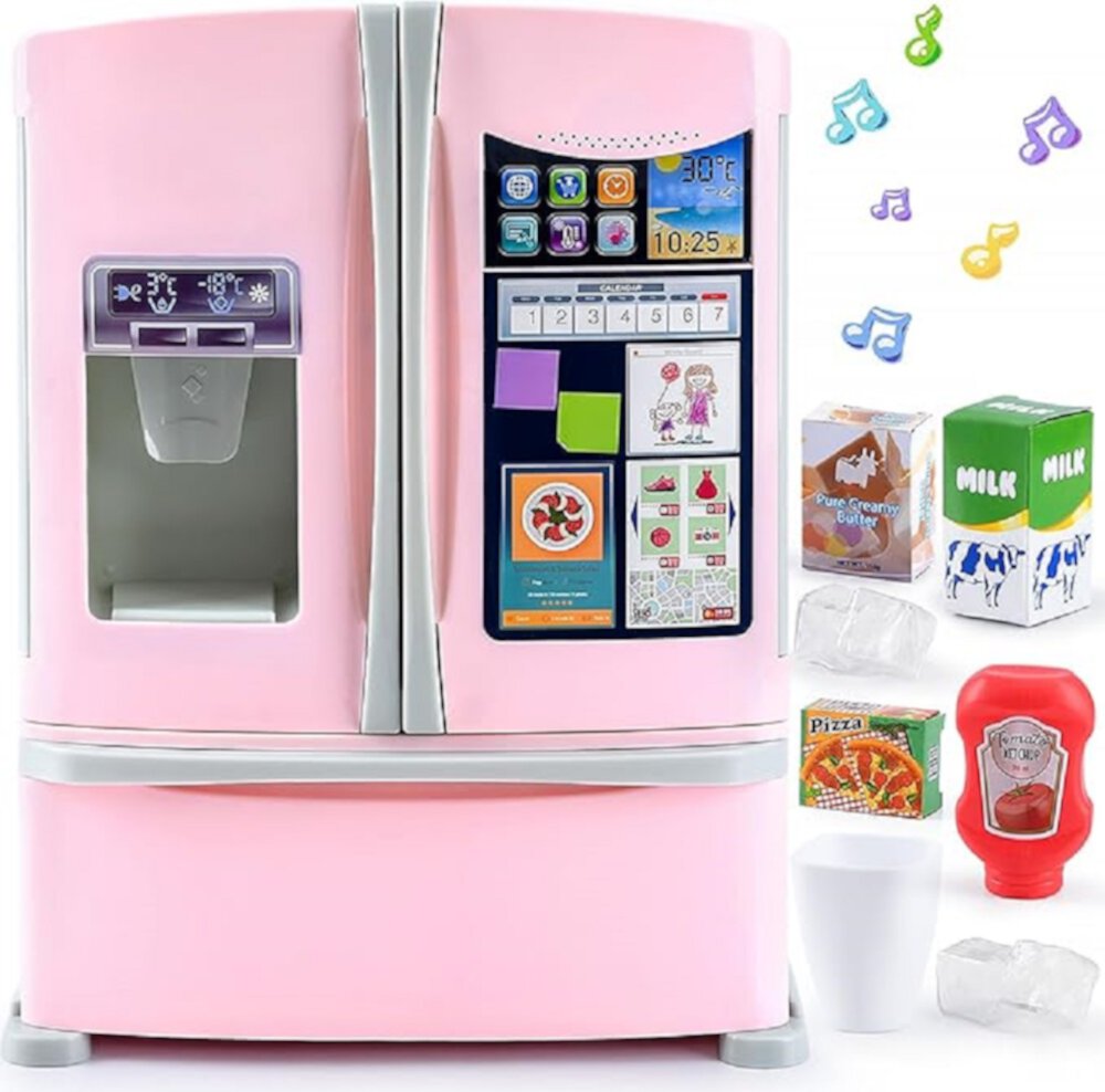 Toddlerino- Kids Kitchen Refrigerator with Ice Dispenser, Play Kitchen Fridge Playset for Toddlers Pretend Play Toy Kitchen Appliance Accessories for Kids 3-5, Christmas Birthday Gift for Girls(Pink) Toddlerino