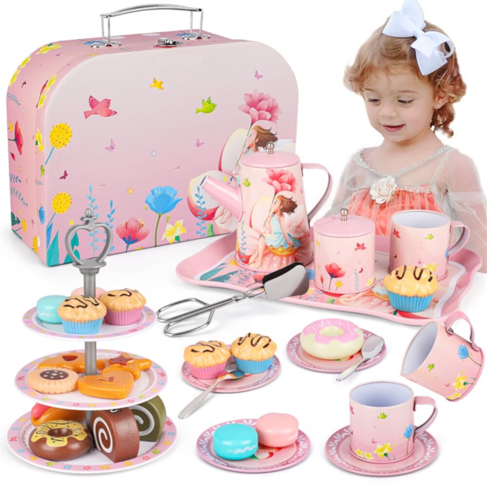 Wupuaait Kids Tea Party Set for Little Girls, Unicorn Toys for 3-8 Year Old Girls, Toddler Kitchen Pretend Toy Tin Tea Set with Desserts, Teapot & Teacup & Carrying Case, Purple Wupuaait