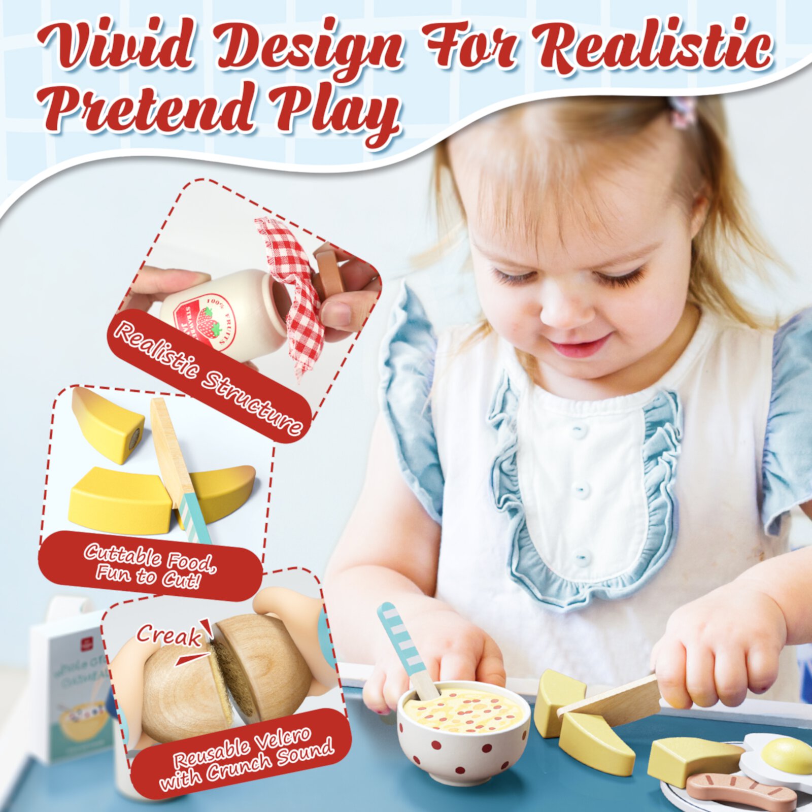 Wooden Play Food Sets, Play Kitchen Accessories Kids Cutting Pretend Play Fake Food Toys for 3 4 5 6 7 Years Girls Boys Toddlers Toys Lehoo Castle