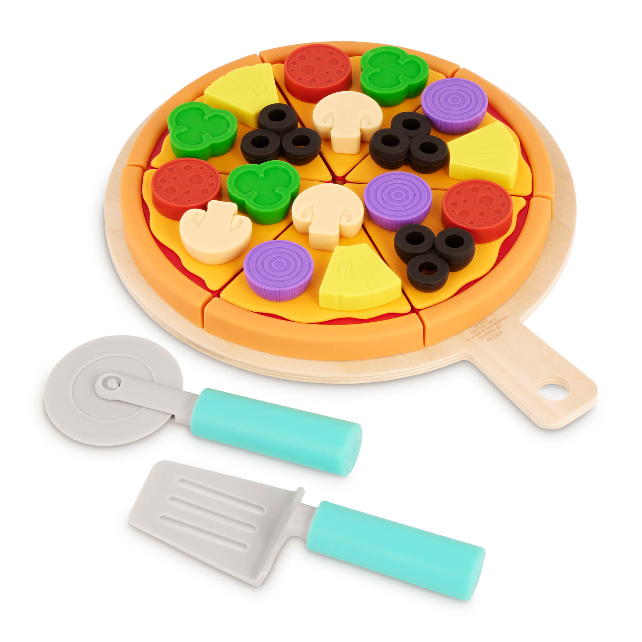 Battat Pizza by The Slice Plastic Set 7 Multicolor Toppings and Wooden Board, Toddler and Preschool Toys Battat