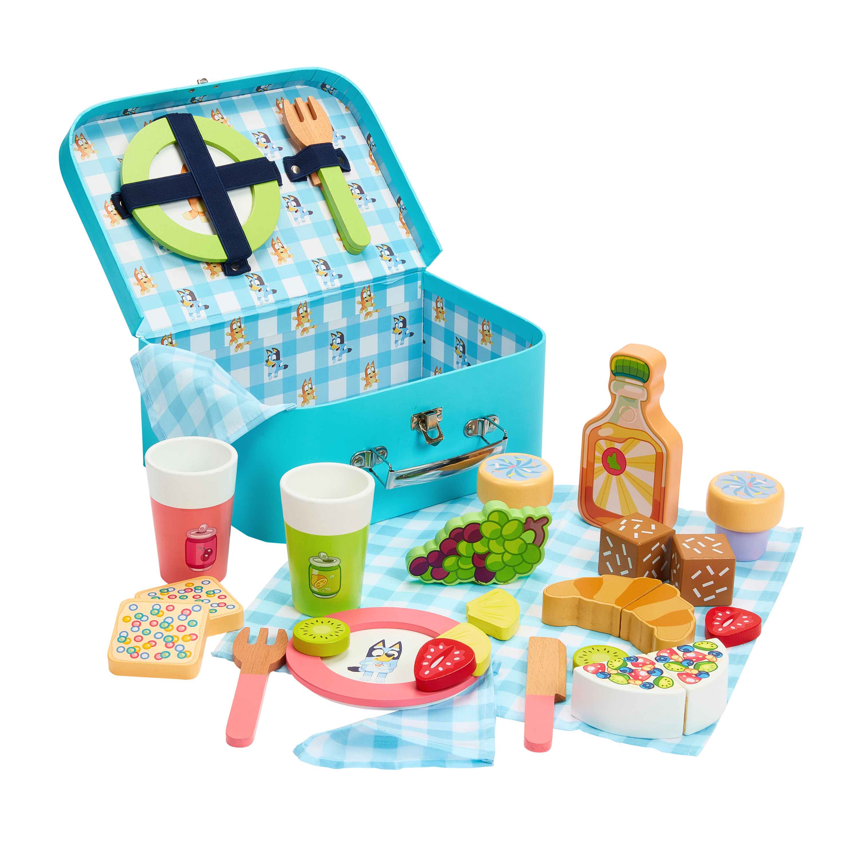 Bluey Picnic Basket Set, 30 Piece Wooden Roleplay Toy with Carry Case, Pretend Food,  Ages 3+ Bluey